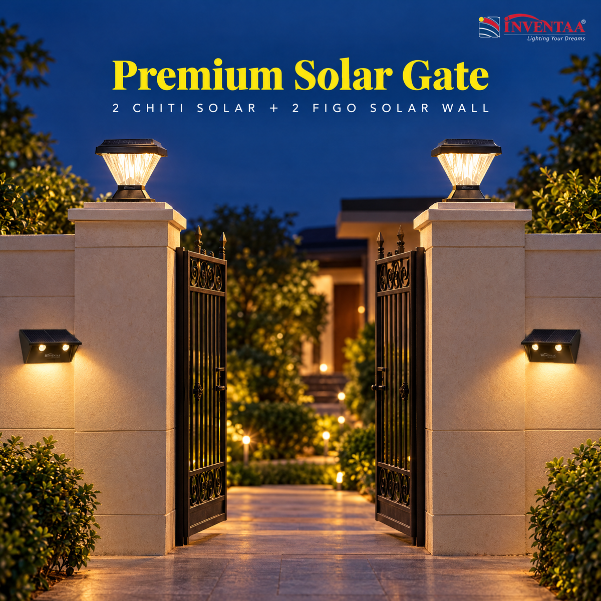 INVENTAA Premium Solar Gate Lighting Combo – 2 Chiti Solar Gate Lights + 2 Figo Solar Wall Lights