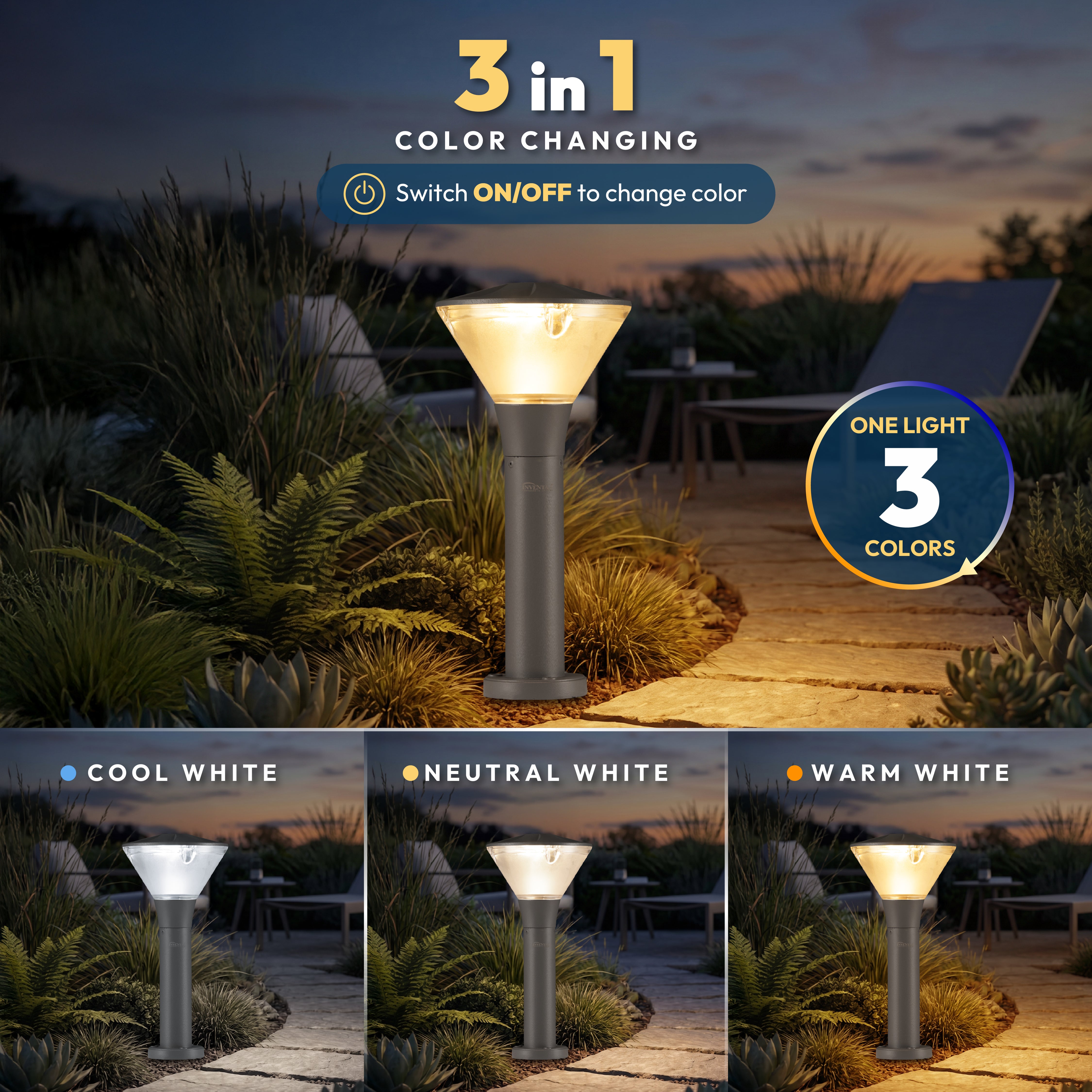 Yash 3 in 1 LED Bollard Light - INVENTAA Garden Lights