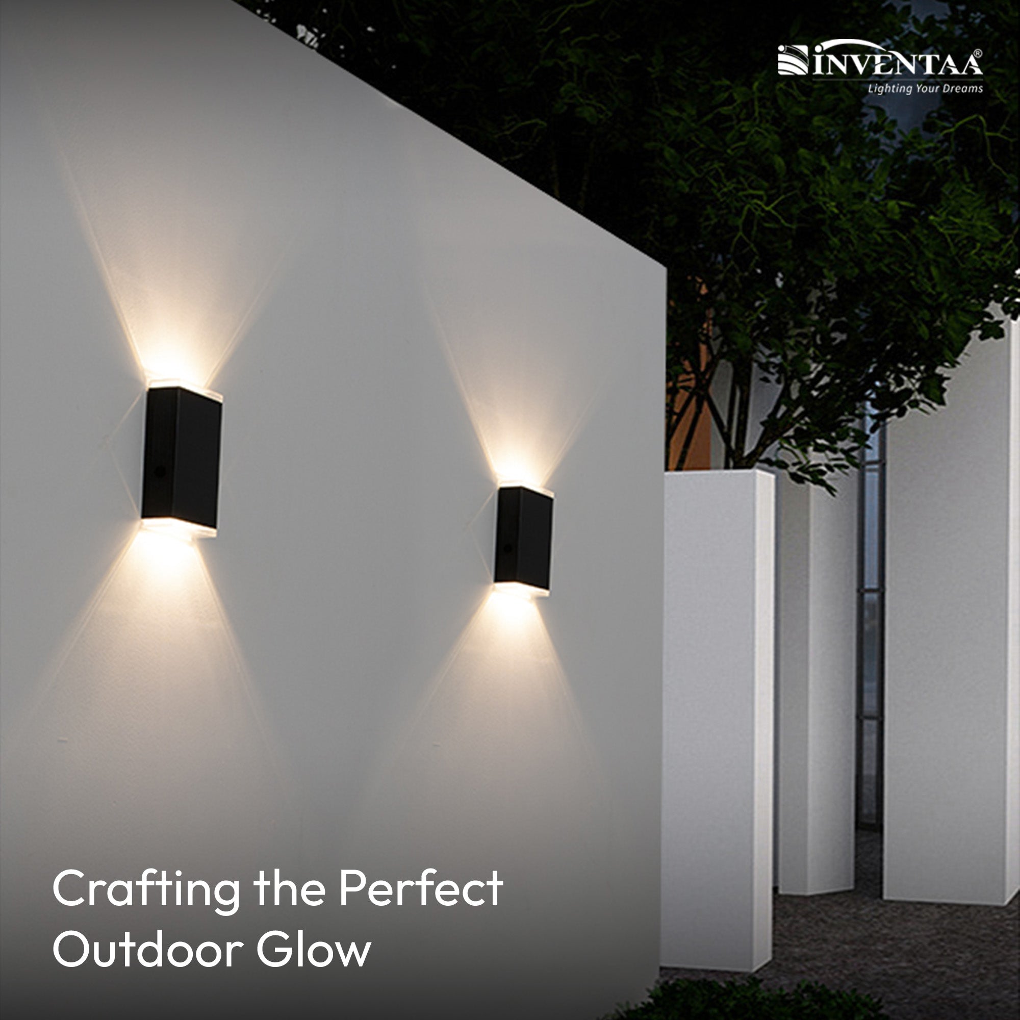 Modern outdoor wall lights on a white wall with 'Inventaa' branding.