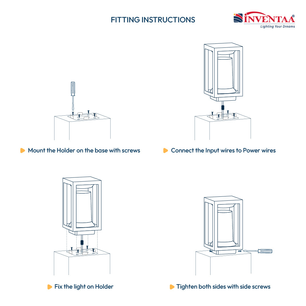 LED gate light installation – mount holder on base, connect power wires, fix light, tighten screws