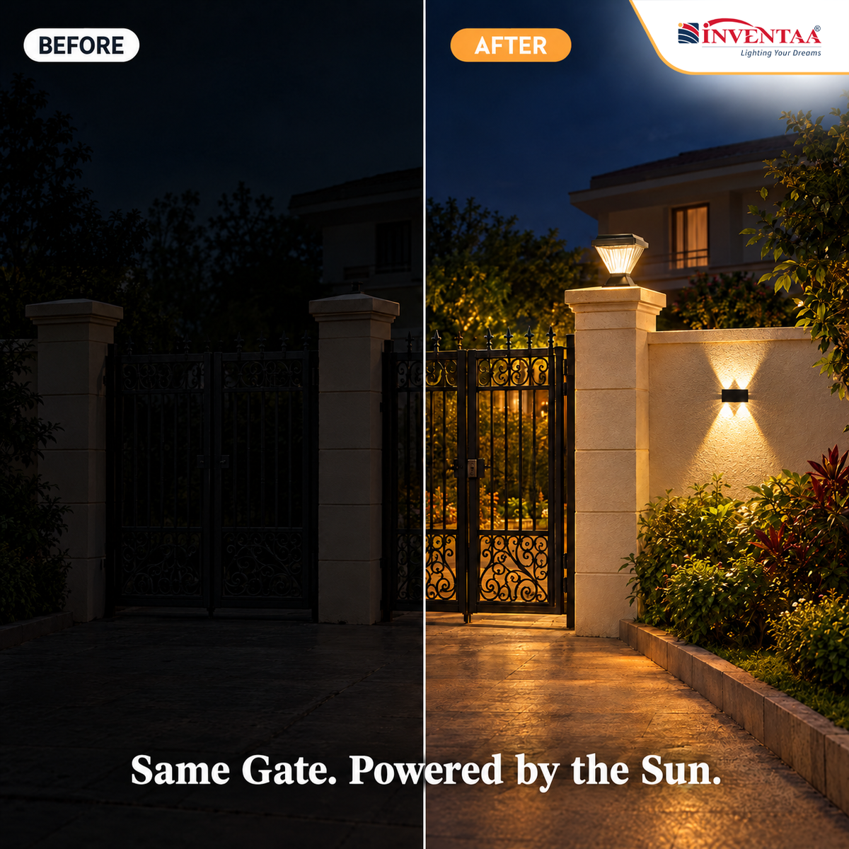 INVENTAA Premium Solar Gate Lighting Combo – 2 Chiti Solar Gate Lights + 2 Figo Solar Wall Lights