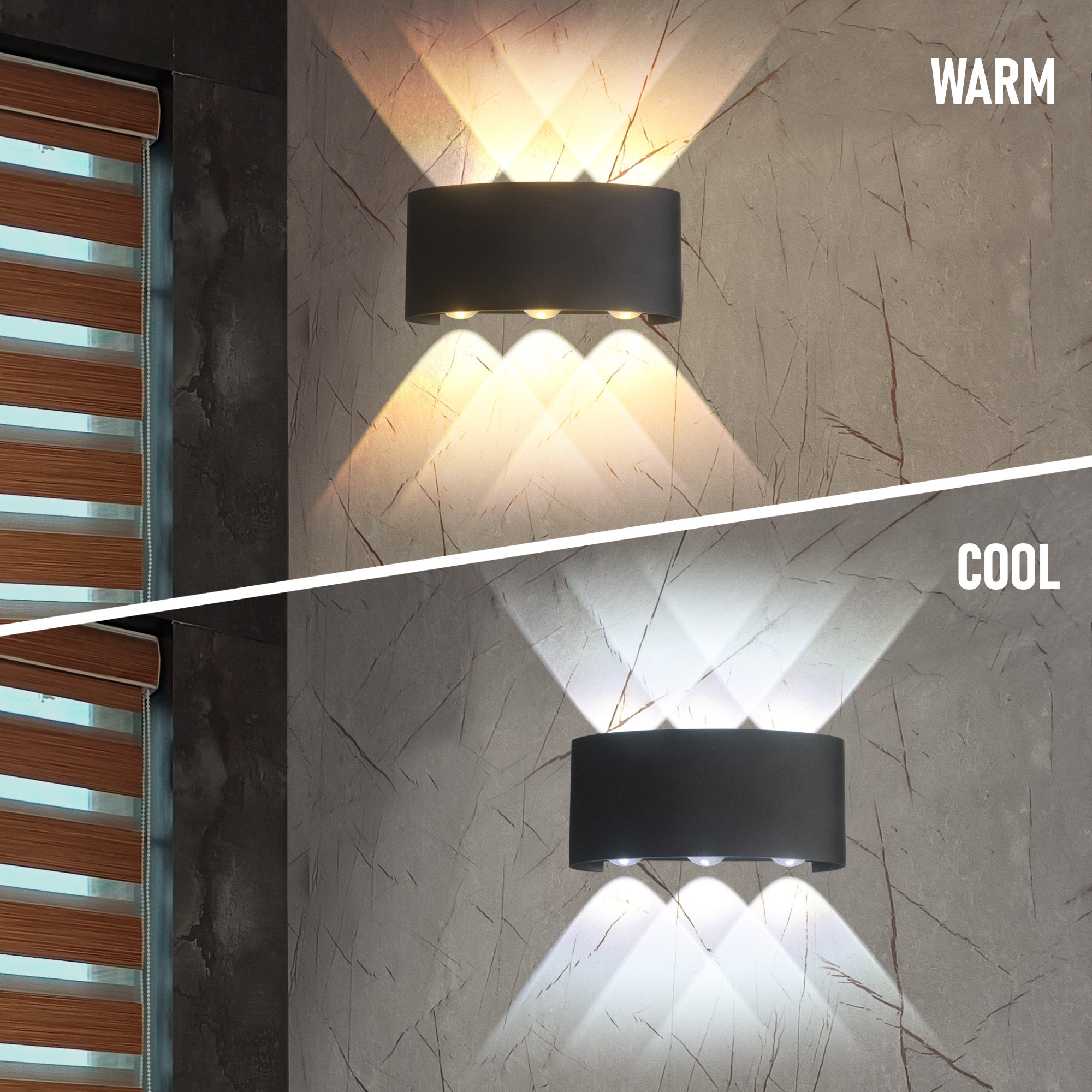 Cool and warm lighting comparison of Ezme 3 way up and down led wall light #type_3 way