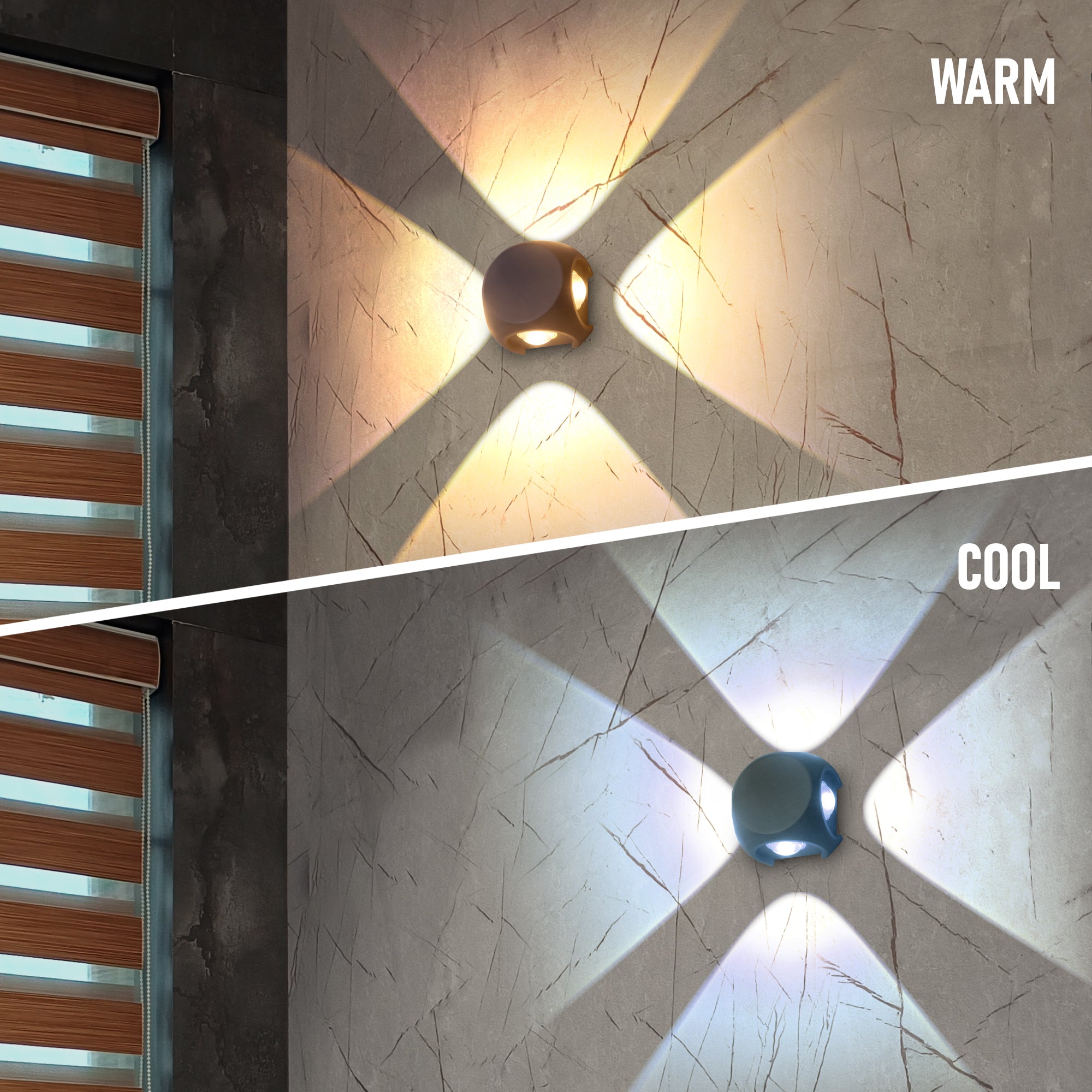 Cool and warm lighting comparison of Ignite 4 way led wall light #type_4 way