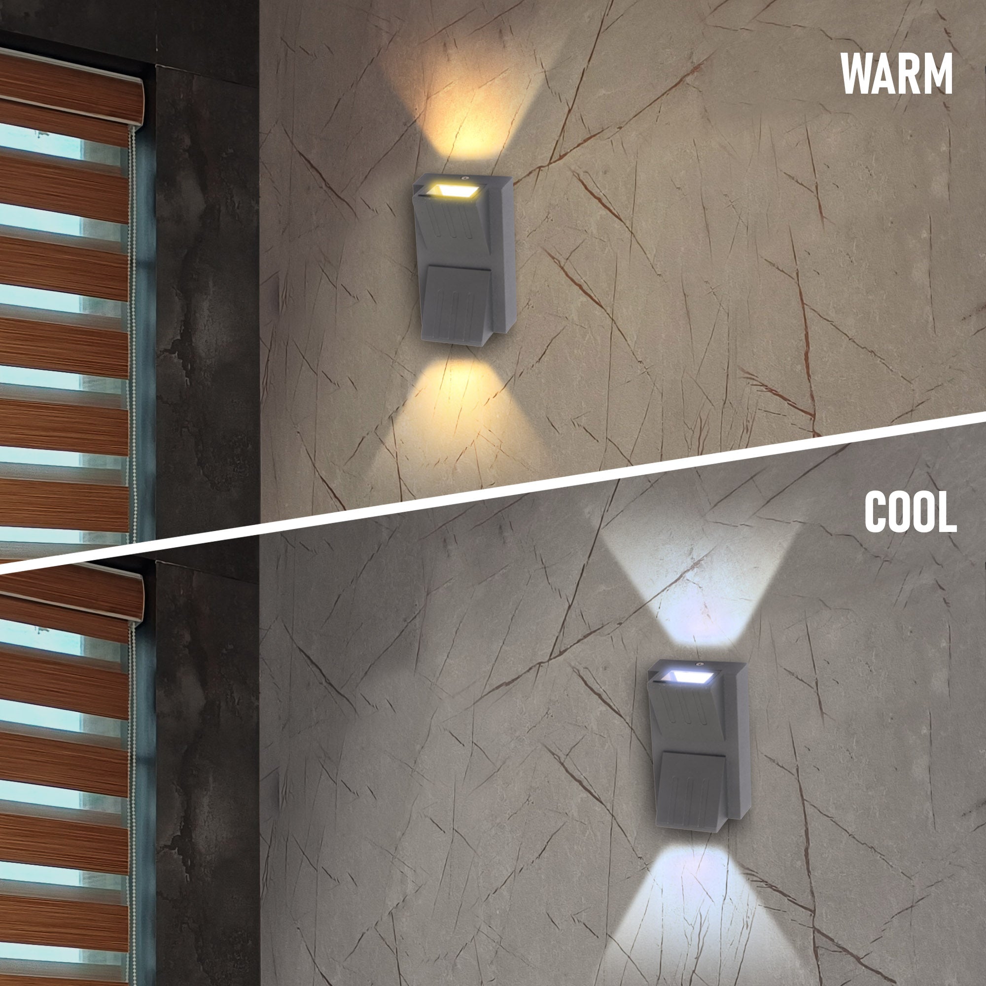 Cool and warm lighting comparison of Reina two way up and down wall light #type_2 way