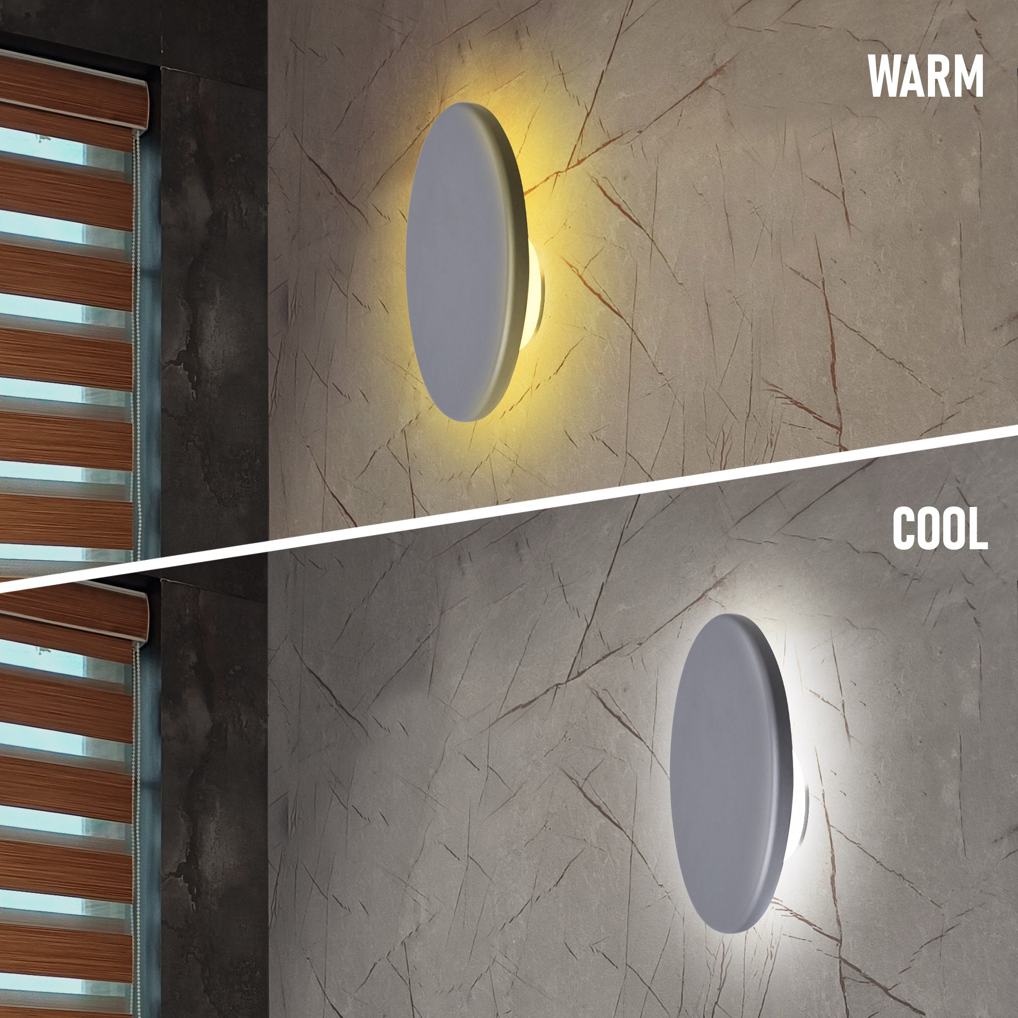 Cool and warm lighting comparison of Romy led wall light