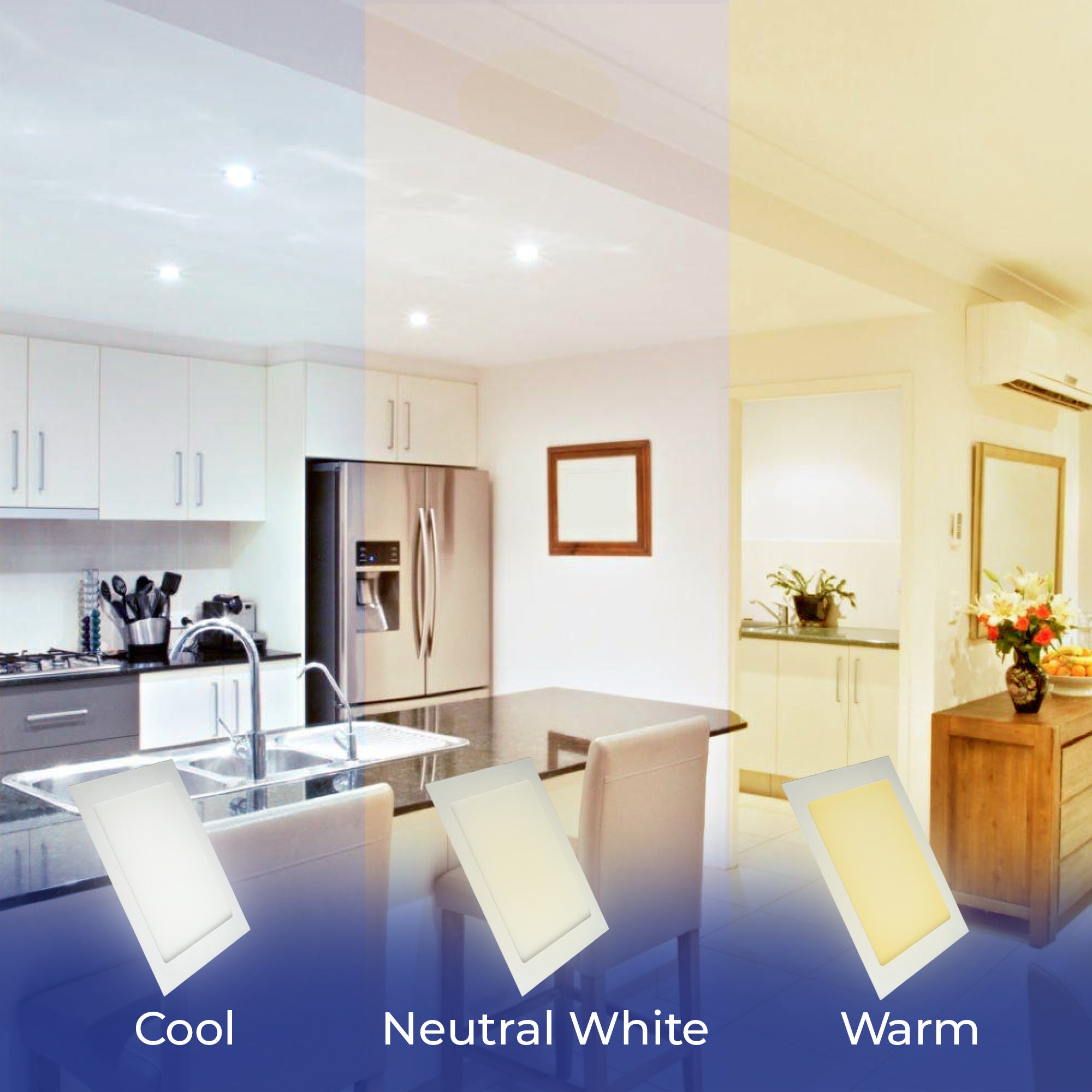 Cool warm and neutral lighting comparison of Eligo square led panel light