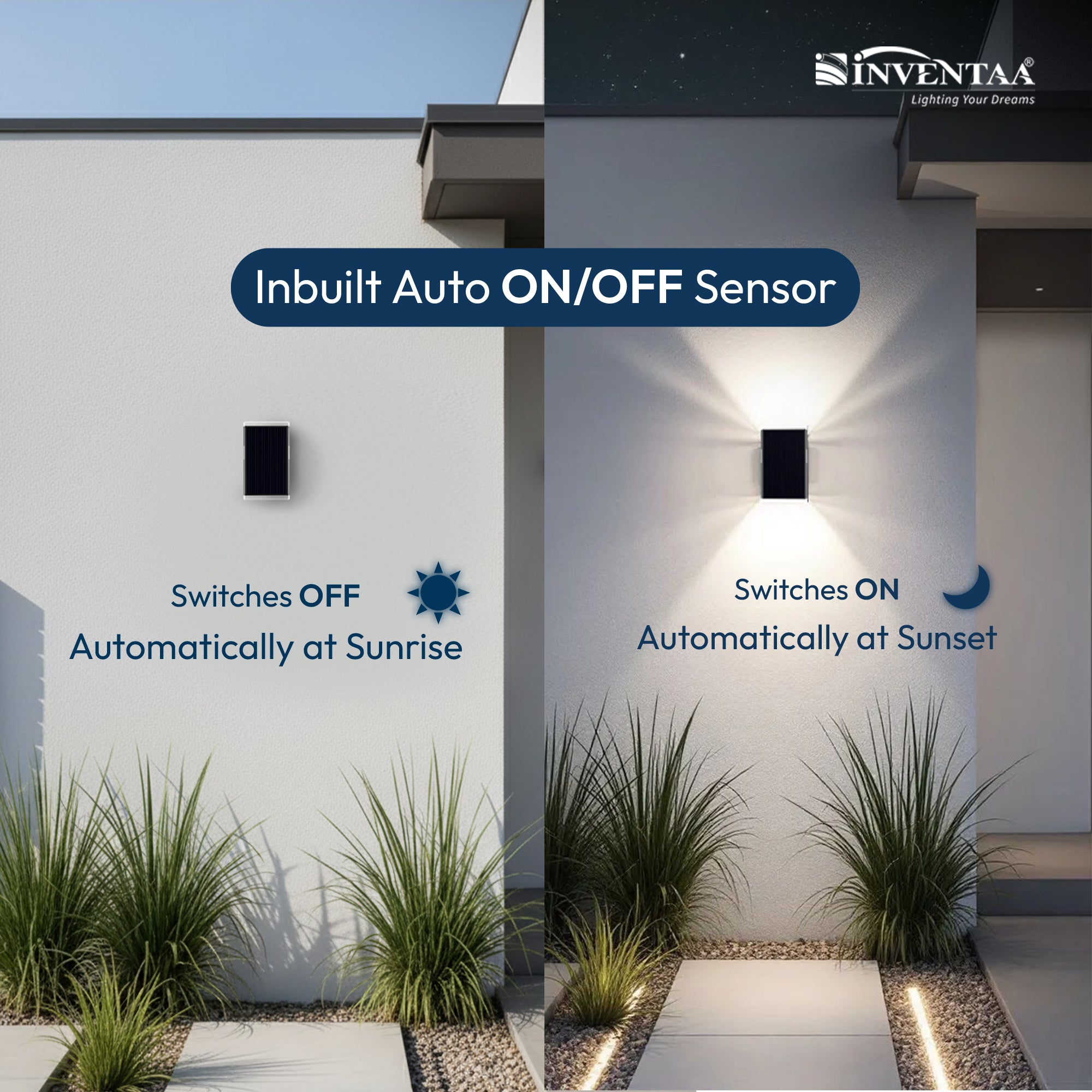 Inventaa outdoor light fixture with auto on/off sensor on a building exterior.