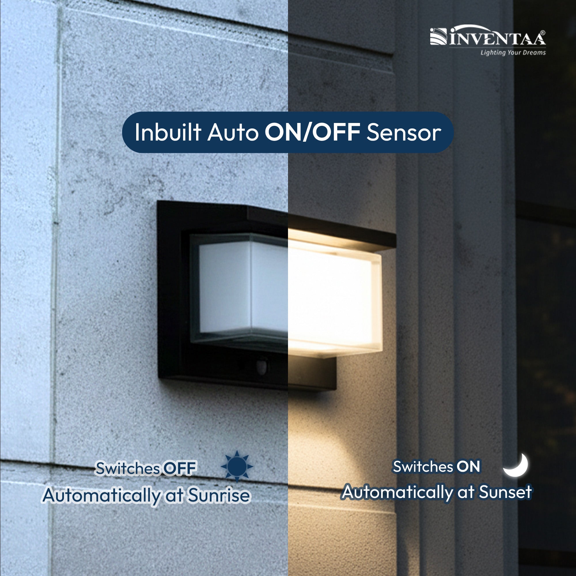 Inventaa outdoor wall light with auto on/off sensor on a concrete wall.