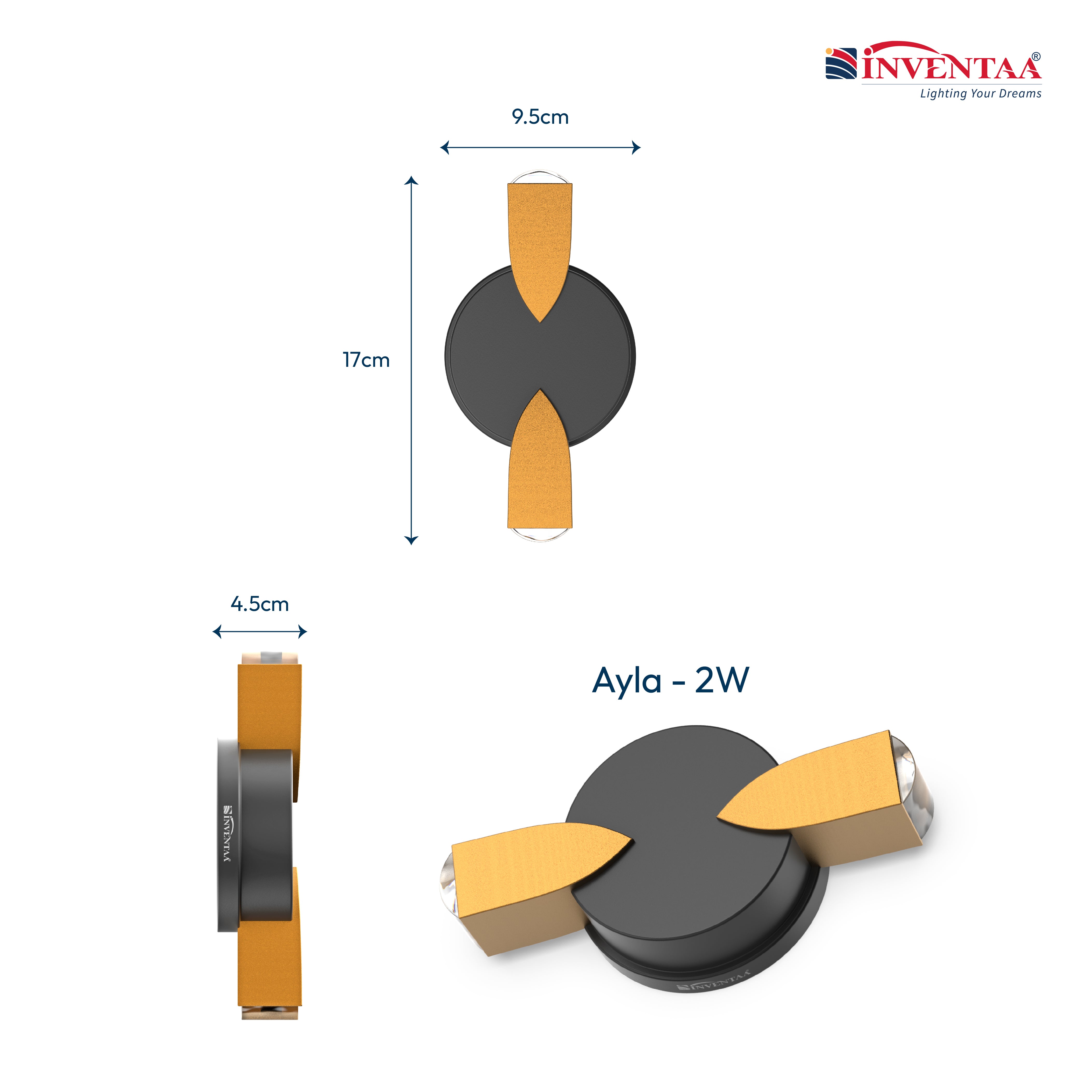 Dimension Of Ayla 2W 2 Way LED Wall Light #watts_2w