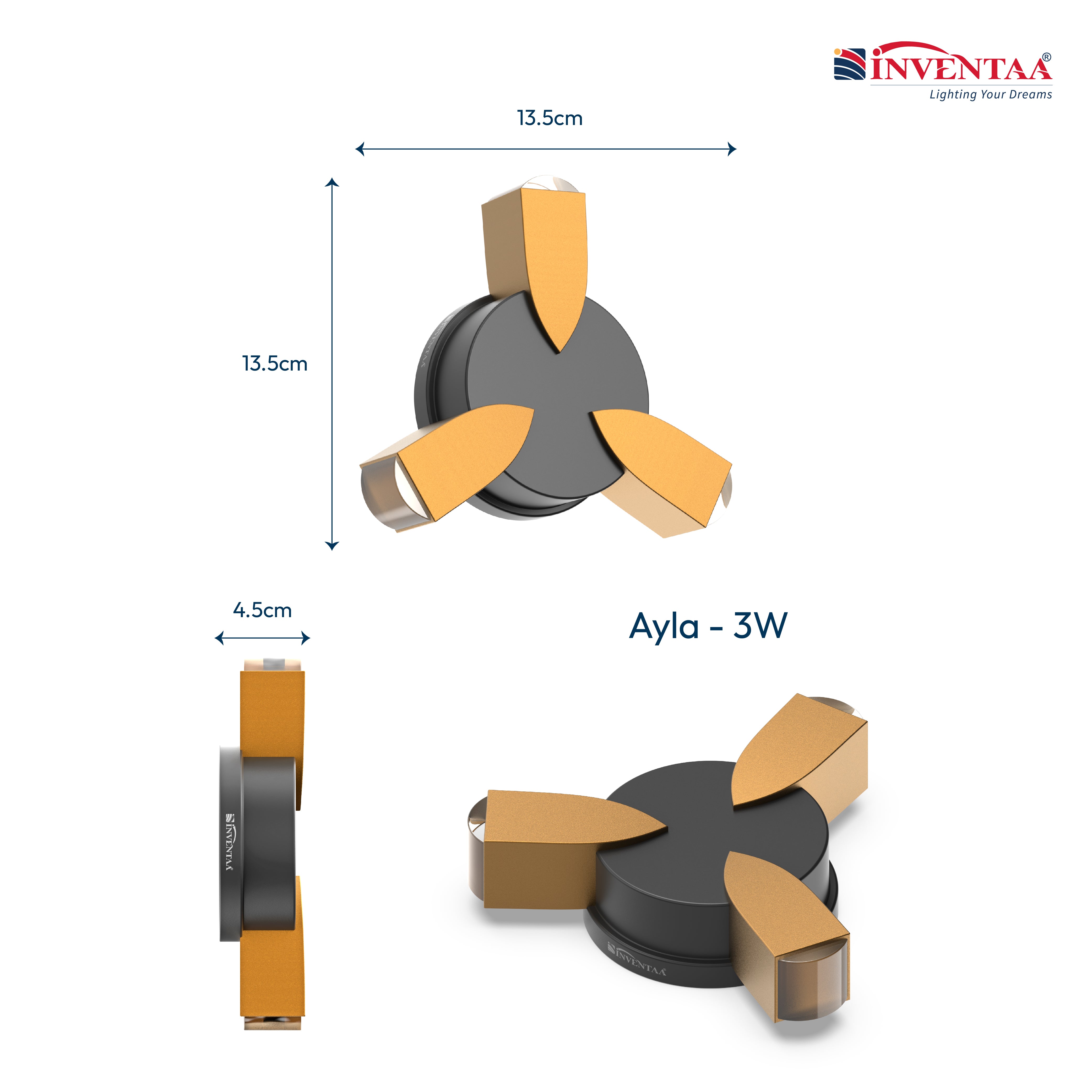 Dimension Of Ayla 3W 3 Way LED Wall Light #watts_3w