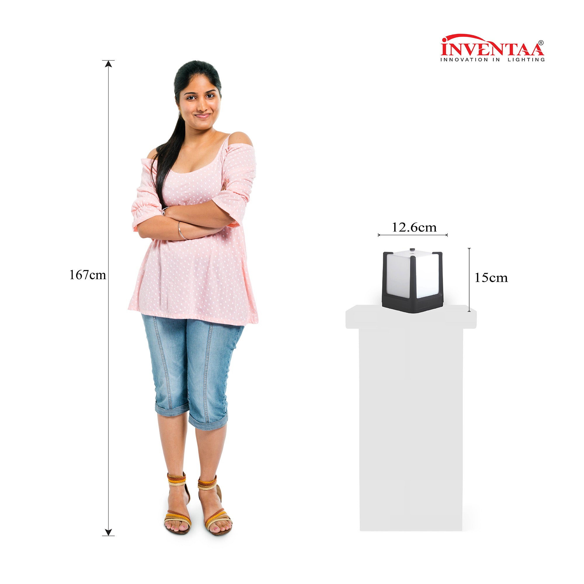 Gate light price with size comparison showing compact square pillar design