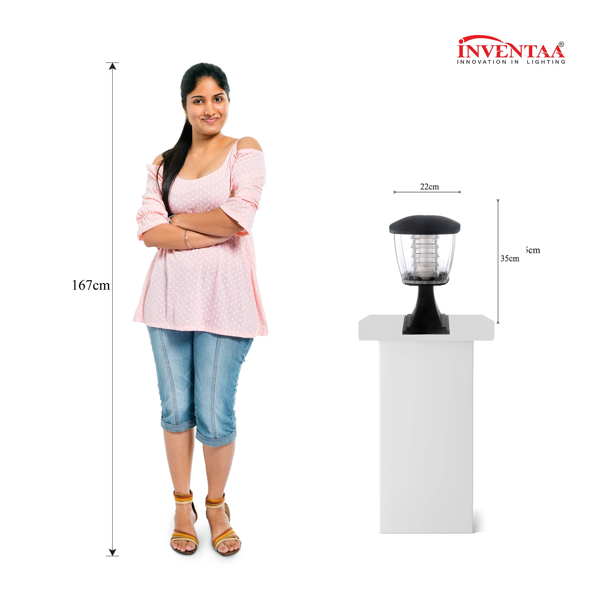 Compact gate post lights with size comparison for entrance use