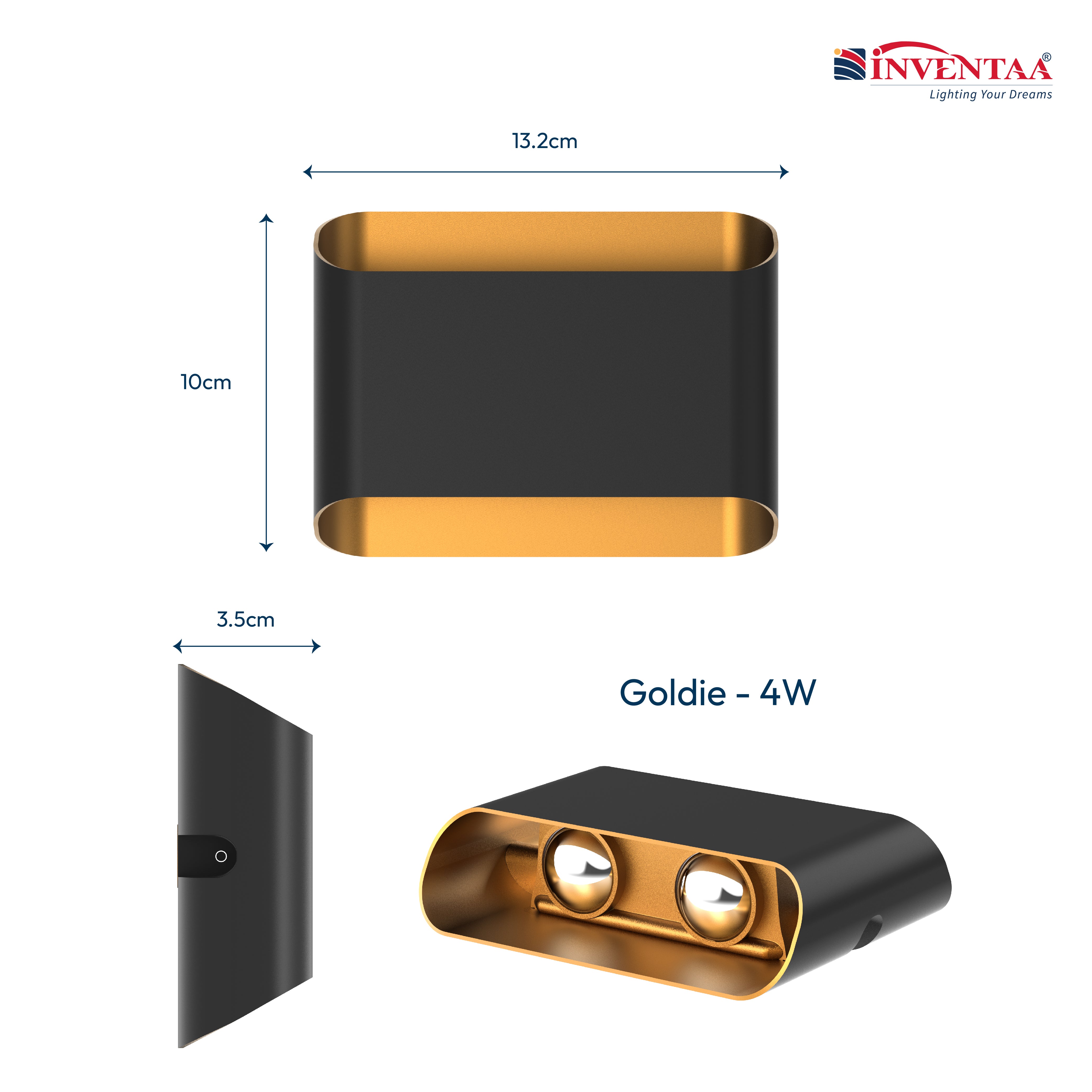 Dimension Of Goldie 4W 4 Way LED Wall Light #type_2 x 2 way