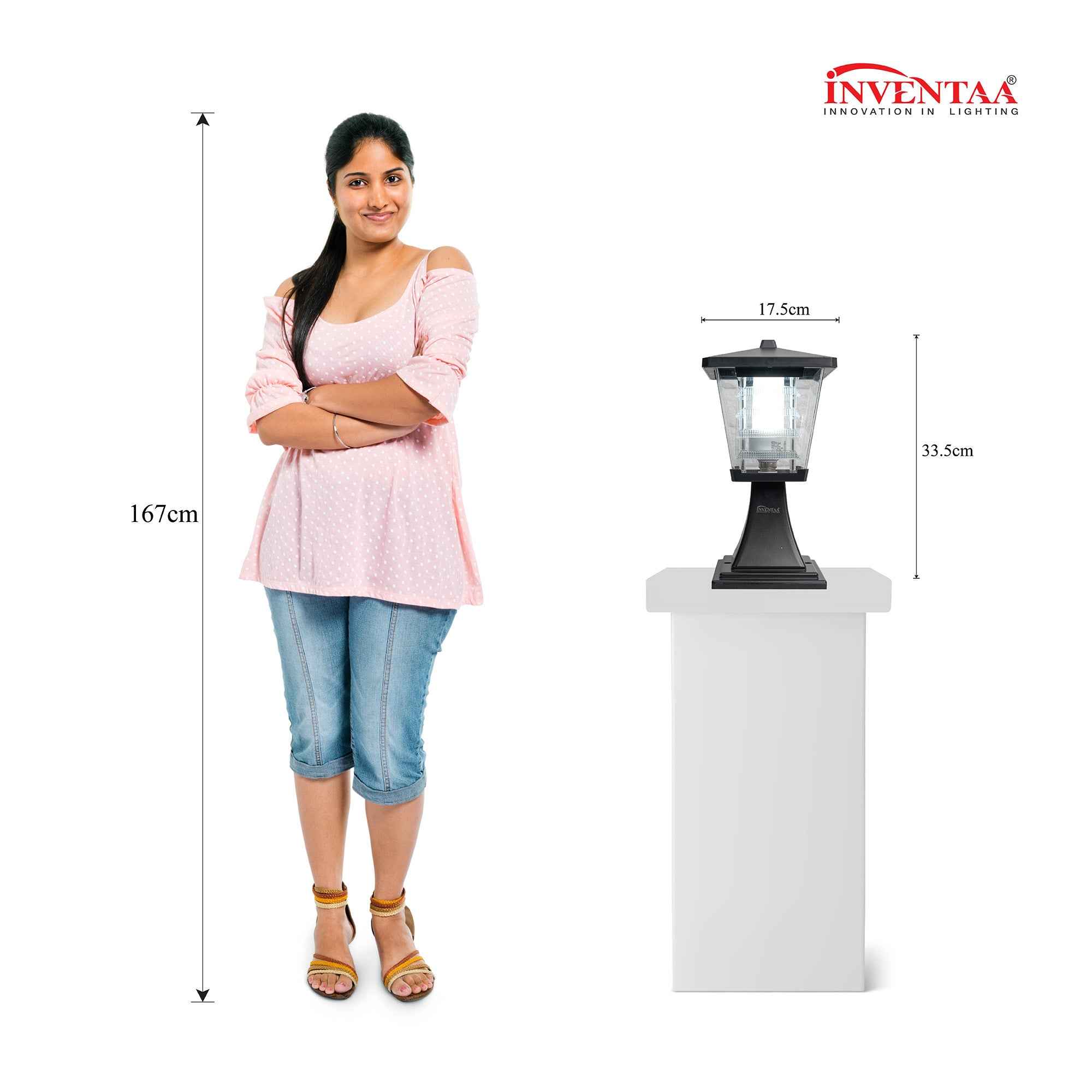 Main gate pillar lamp light with size comparison to woman for scale