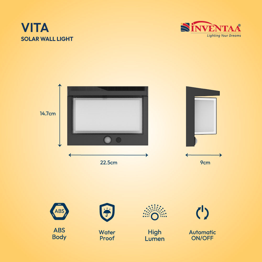 Vita solar wall light with dimensions and features on a yellow background