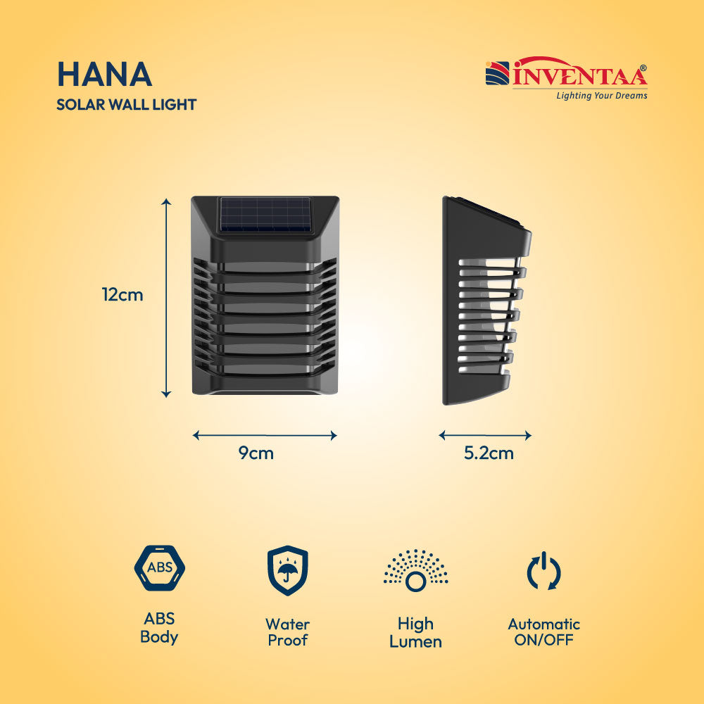 HANA solar wall light with dimensions and features on a yellow background