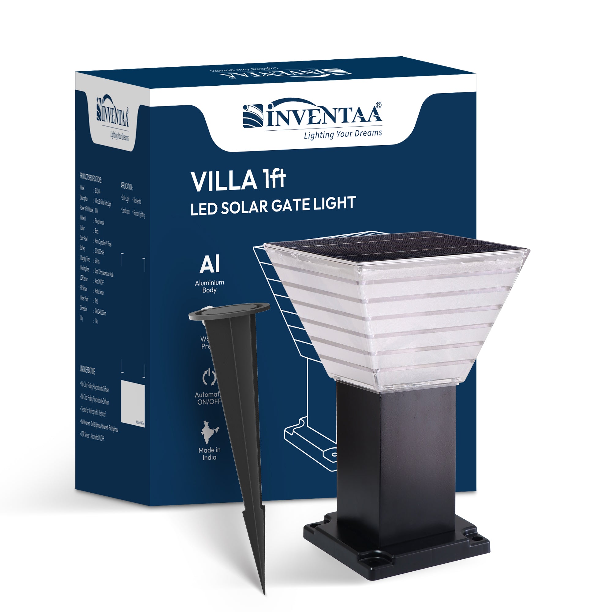 Inventaa Villa 1F LED Solar Gate Light with packaging on a white background