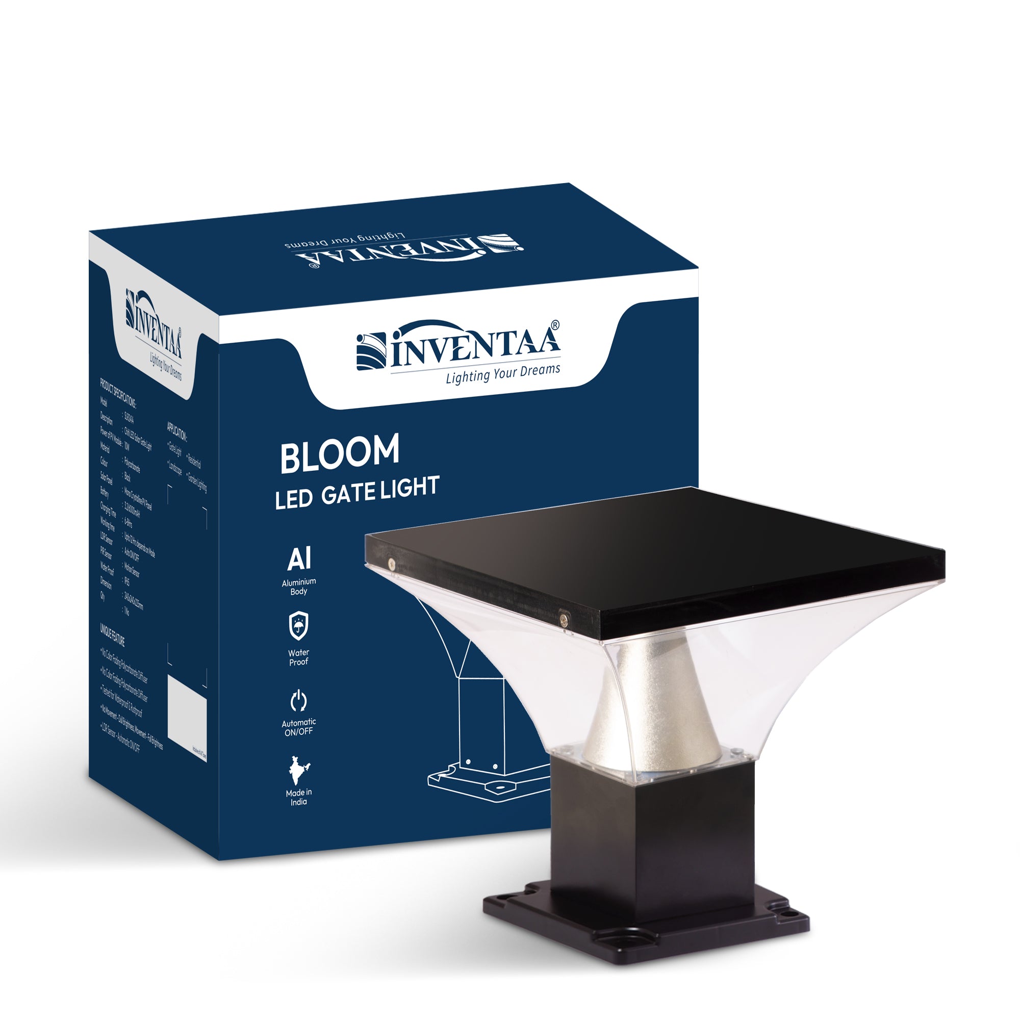 Bloom model gate post lanterns with LED design and Inventaa packaging
