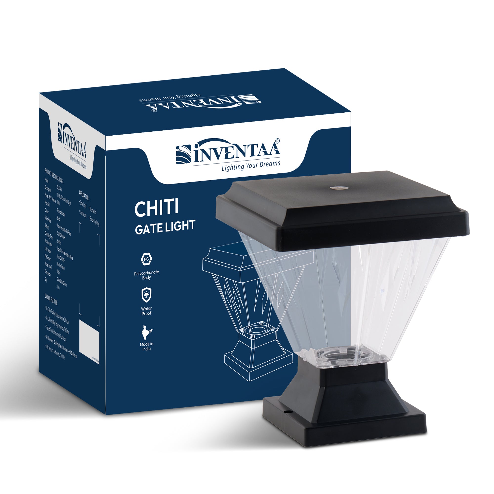 Inventaa CHITI LED gate light, sleek design for gate column, wall, and home entrances.