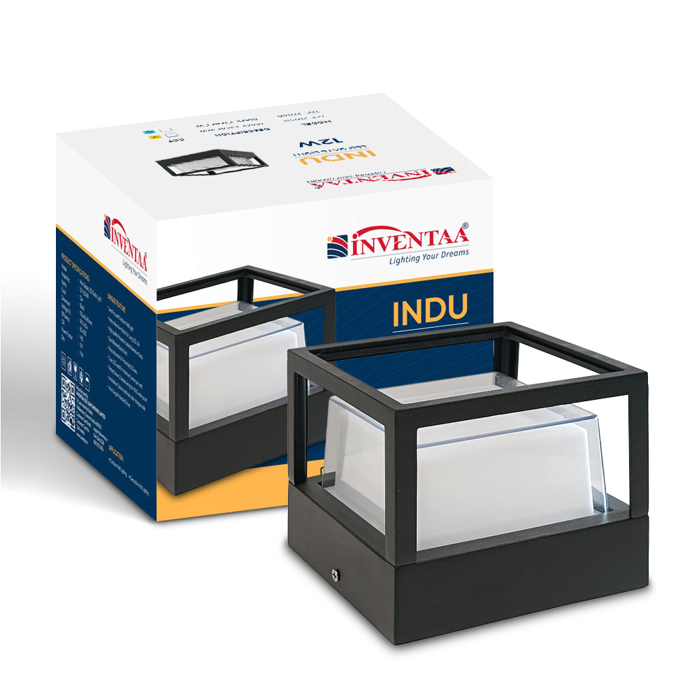 House gate light INDU model with square design and Inventaa packaging
