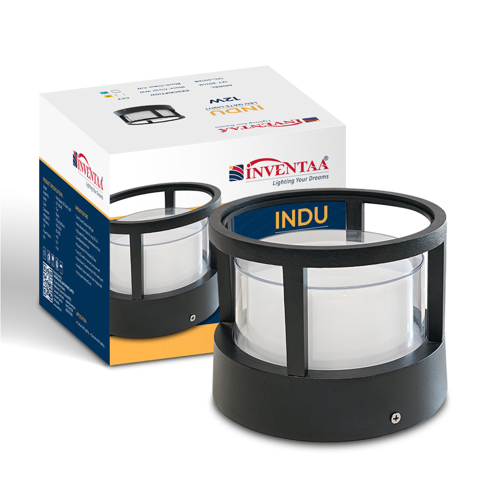 Gate lamp solar model INDU with product box packaging from Inventaa