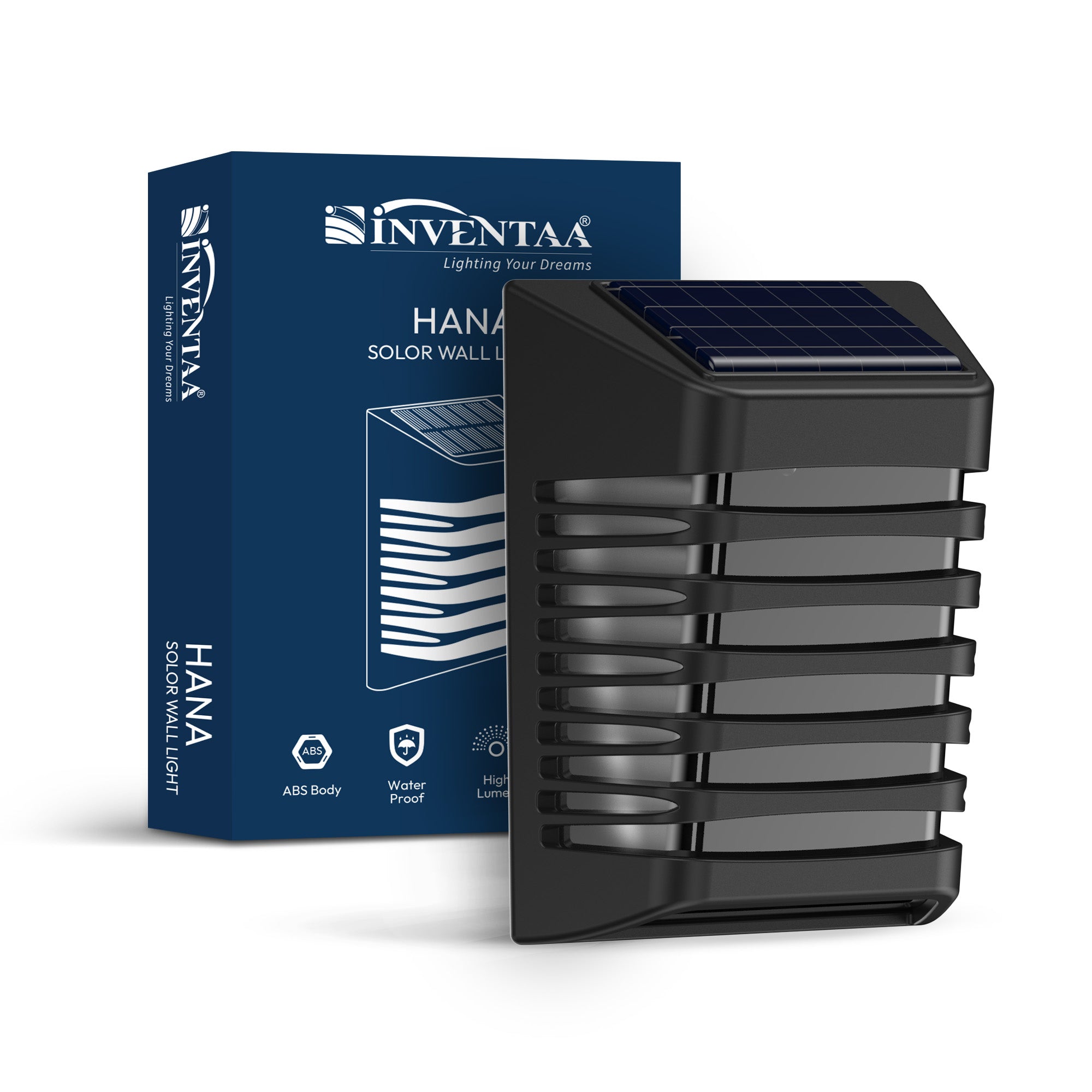 Inventaa Hana solar wall light with packaging on a white background
