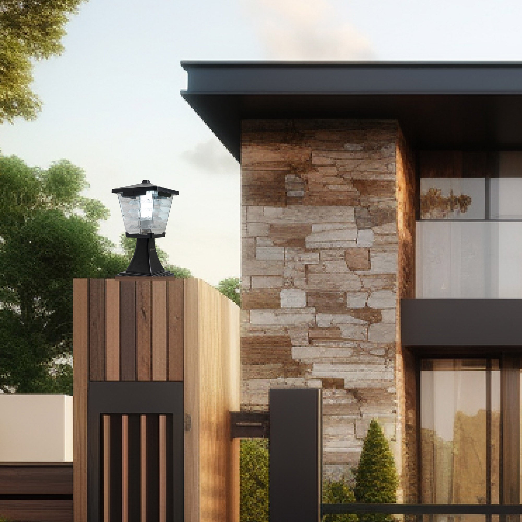 Mini glasis led gate light installed on a main gate casting a inviting glow on entryway