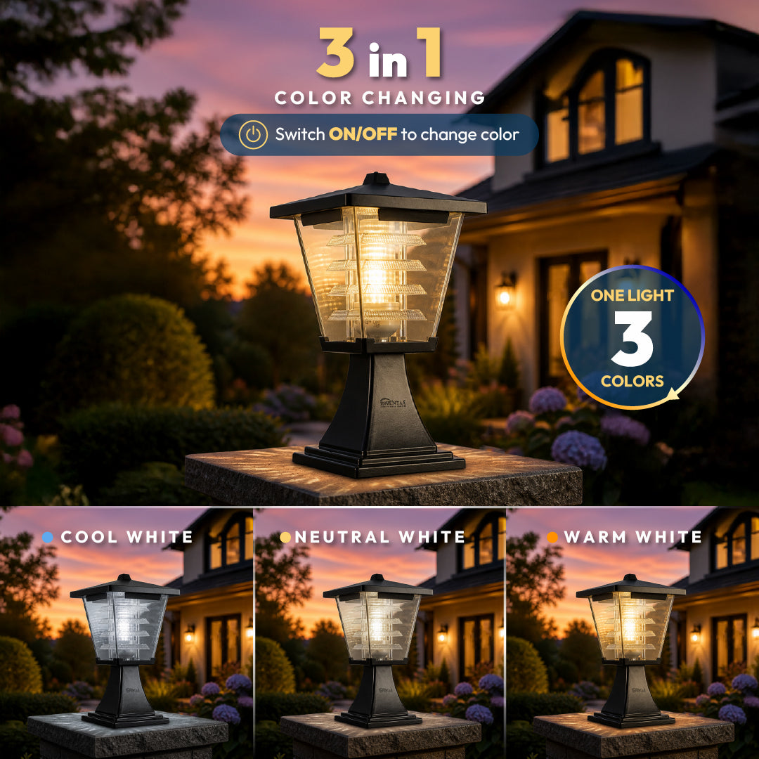 Mini Glasis 12W Fancy Outdoor Gate Light — 3-in-1 LED (Cool-Warm-Neutral) | Waterproof Decorative Gate Pillar Lamp for Home Compound Wall | Inventaa