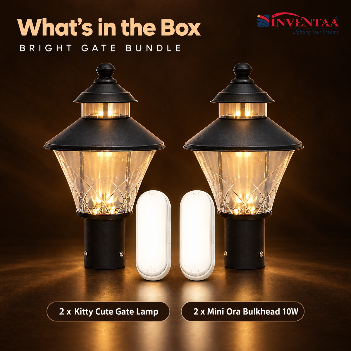 INVENTAA Bright Gate Bundle – 2 Kitty Cute Gate Lamps + 2 Ora Bulkhead 10W Lights
