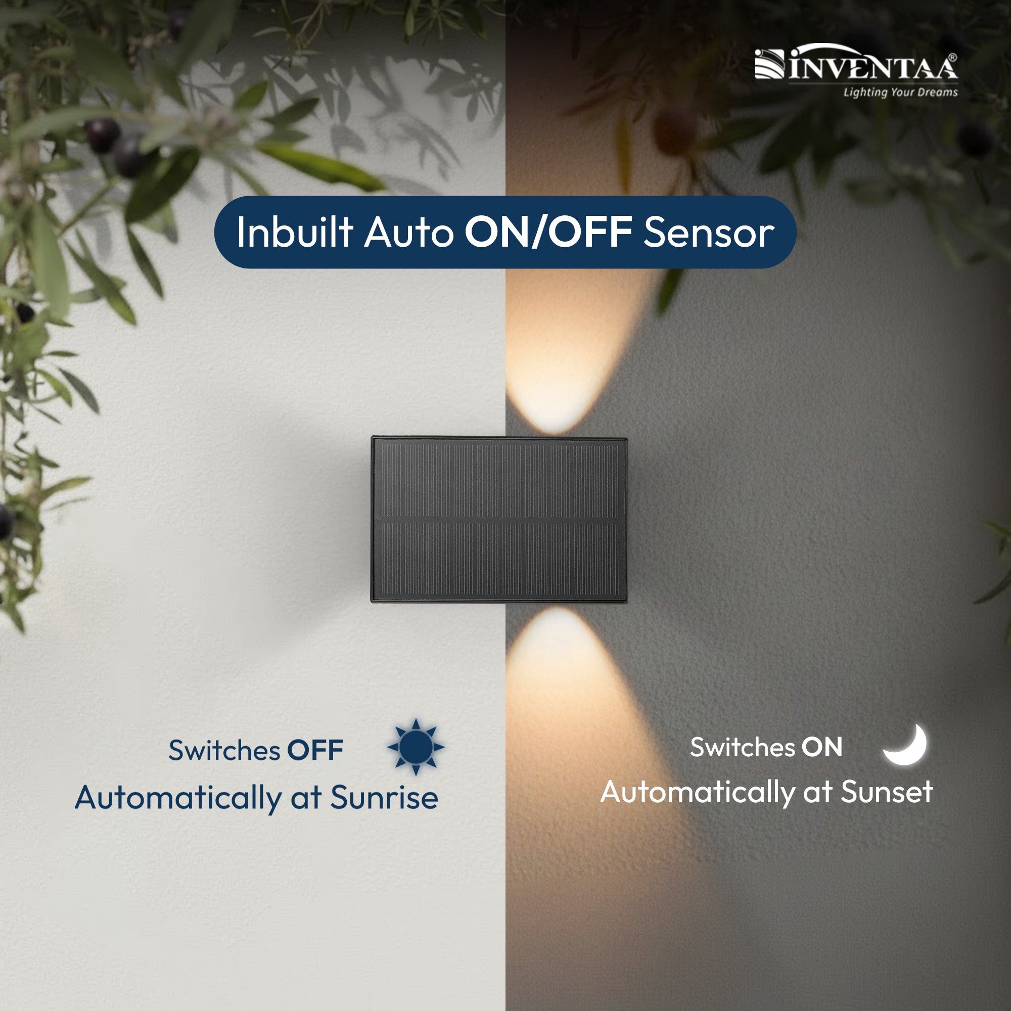 Inventaa outdoor light fixture with solar panel and auto on/off sensor feature.
