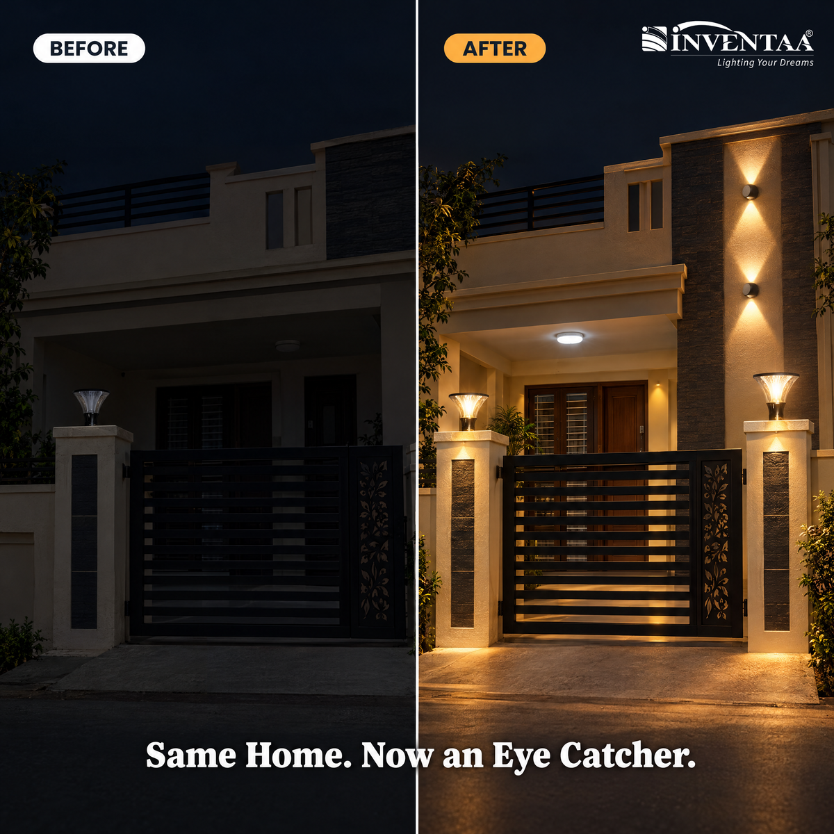 INVENTAA Eye Catcher Gate Bundle – 2 Prisma 3-in-1 Gate Lights + 4 Ignite 2-Way Wall Lights + 2 Ora 12W Bulkhead Lights