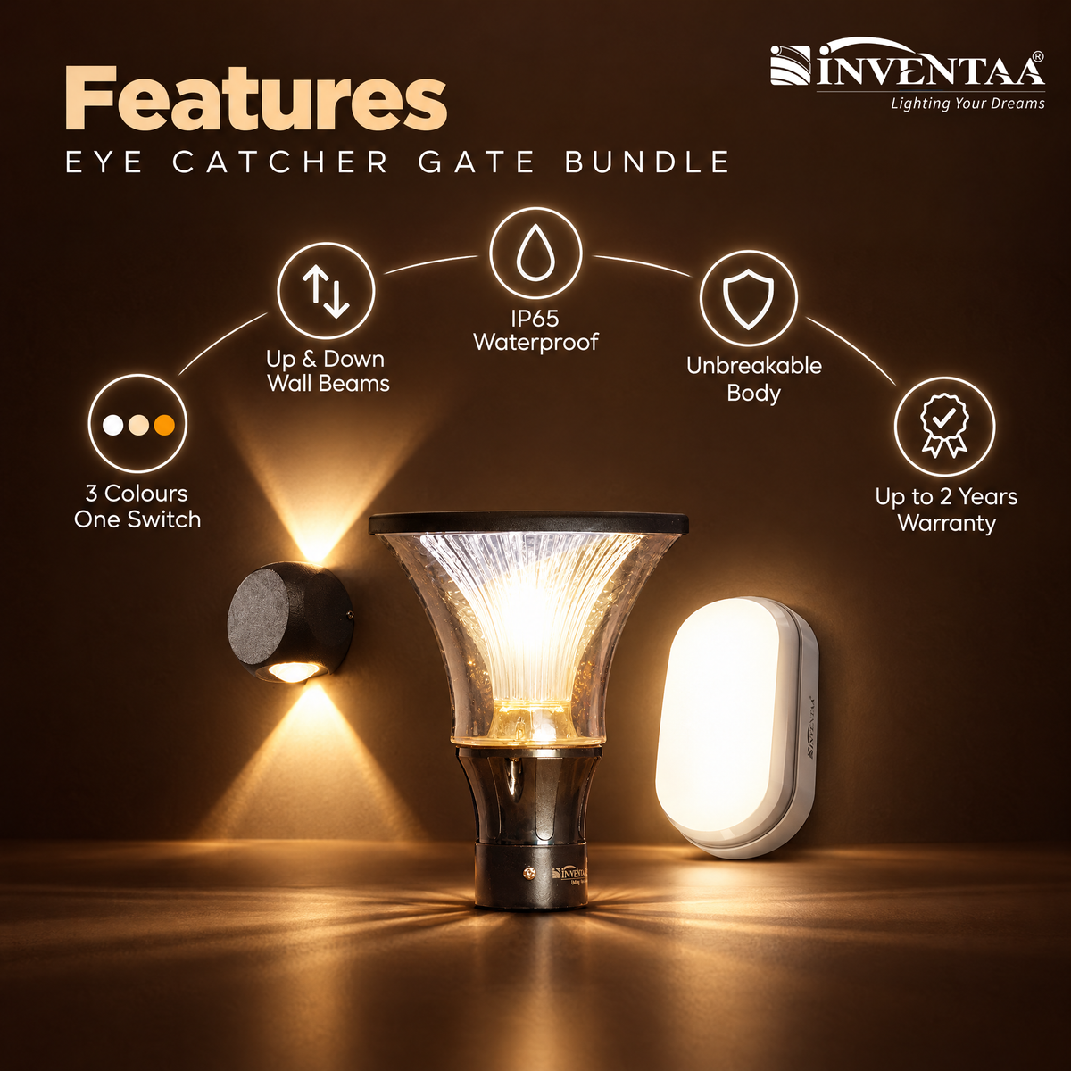 INVENTAA Eye Catcher Gate Bundle – 2 Prisma 3-in-1 Gate Lights + 4 Ignite 2-Way Wall Lights + 2 Ora 12W Bulkhead Lights