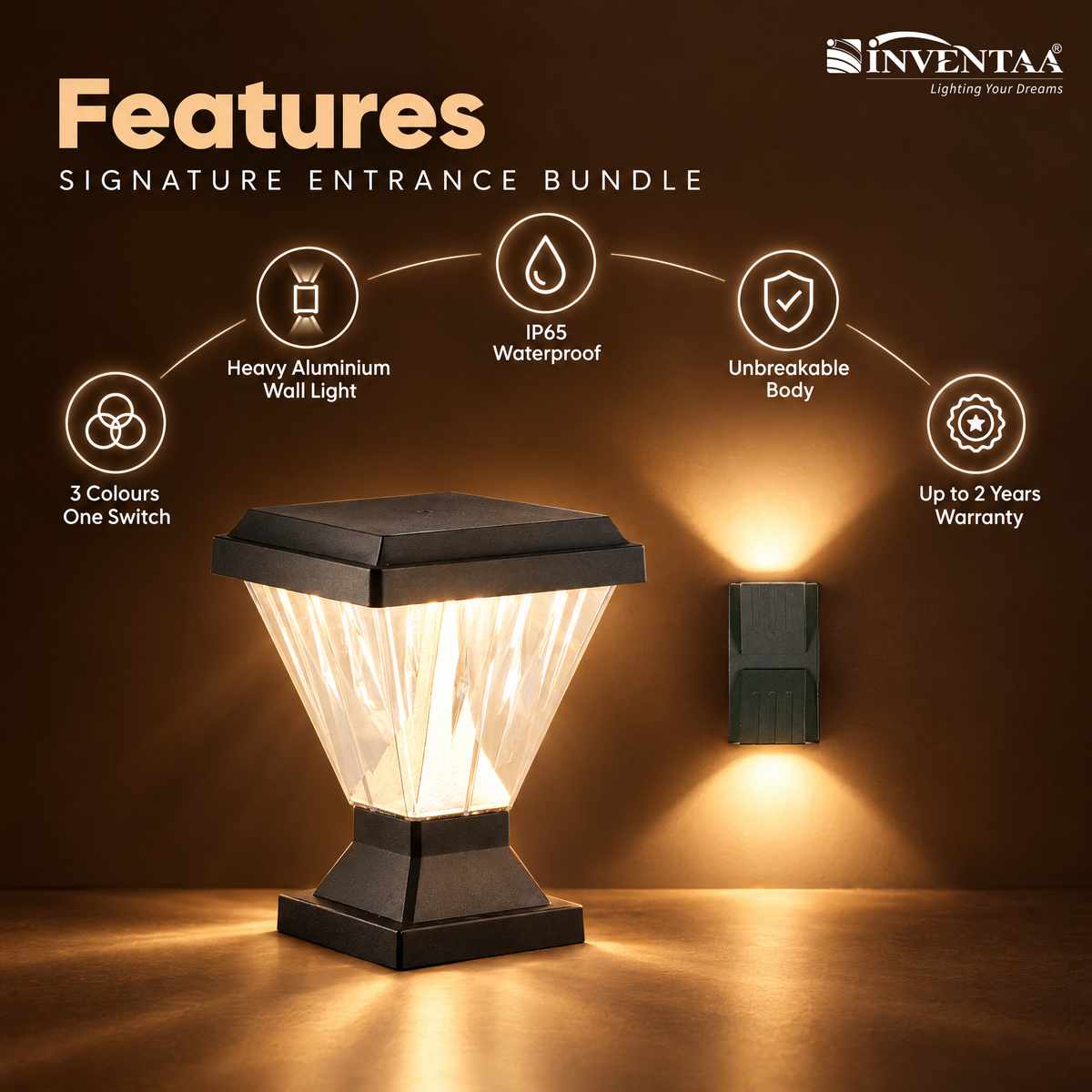 INVENTAA Signature Entrance Lighting Bundle – 2 Chiti Sky 12W 3-in-1 Gate Pillar Lights + 2 Reina 12W Up & Down Wall Lights