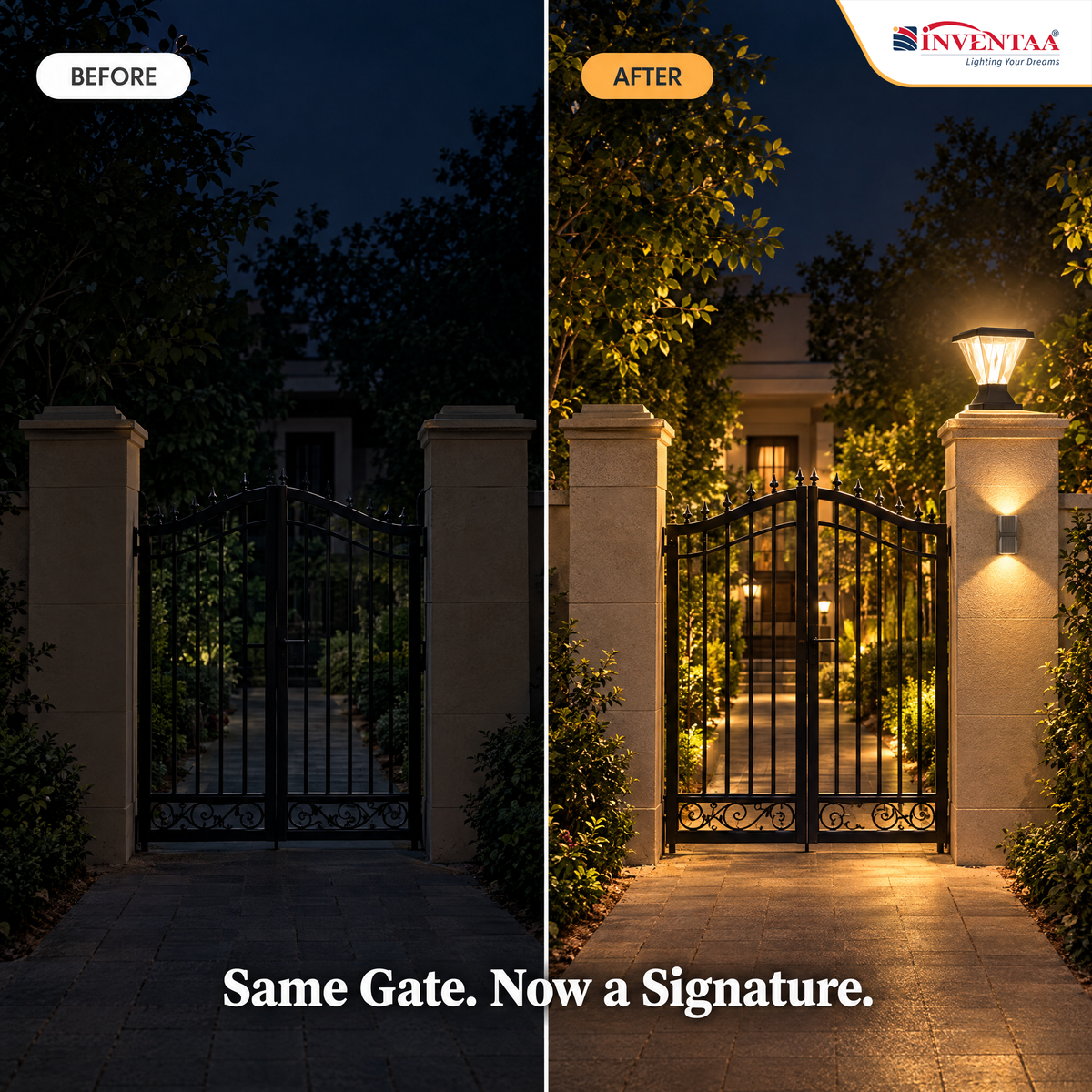INVENTAA Signature Entrance Lighting Bundle – 2 Chiti Sky 12W 3-in-1 Gate Pillar Lights + 2 Reina 12W Up & Down Wall Lights