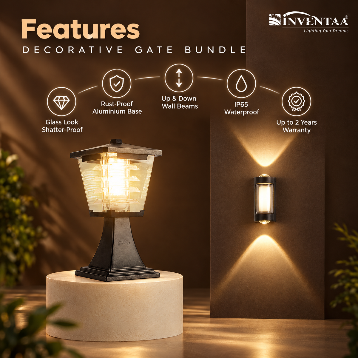 INVENTAA Decorative Gate Lighting Bundle – 2 Mini Glasis 12W Warm White Gate Lights + 2 Juno 4W Up-Down Wall Lights