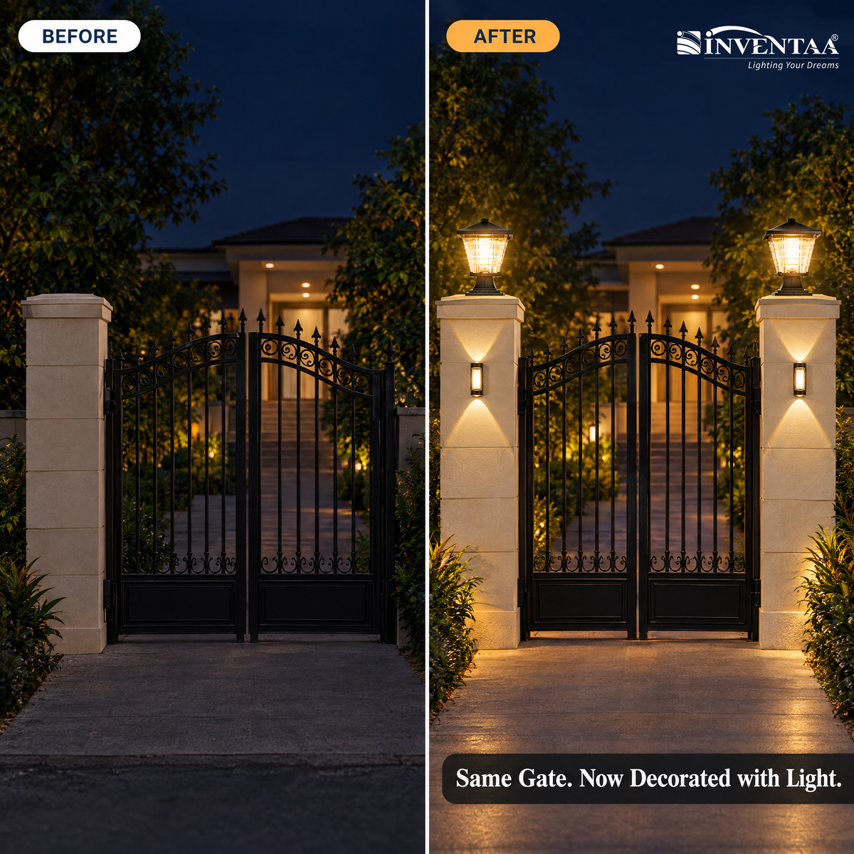 INVENTAA Decorative Gate Lighting Bundle – 2 Mini Glasis 12W Warm White Gate Lights + 2 Juno 4W Up-Down Wall Lights