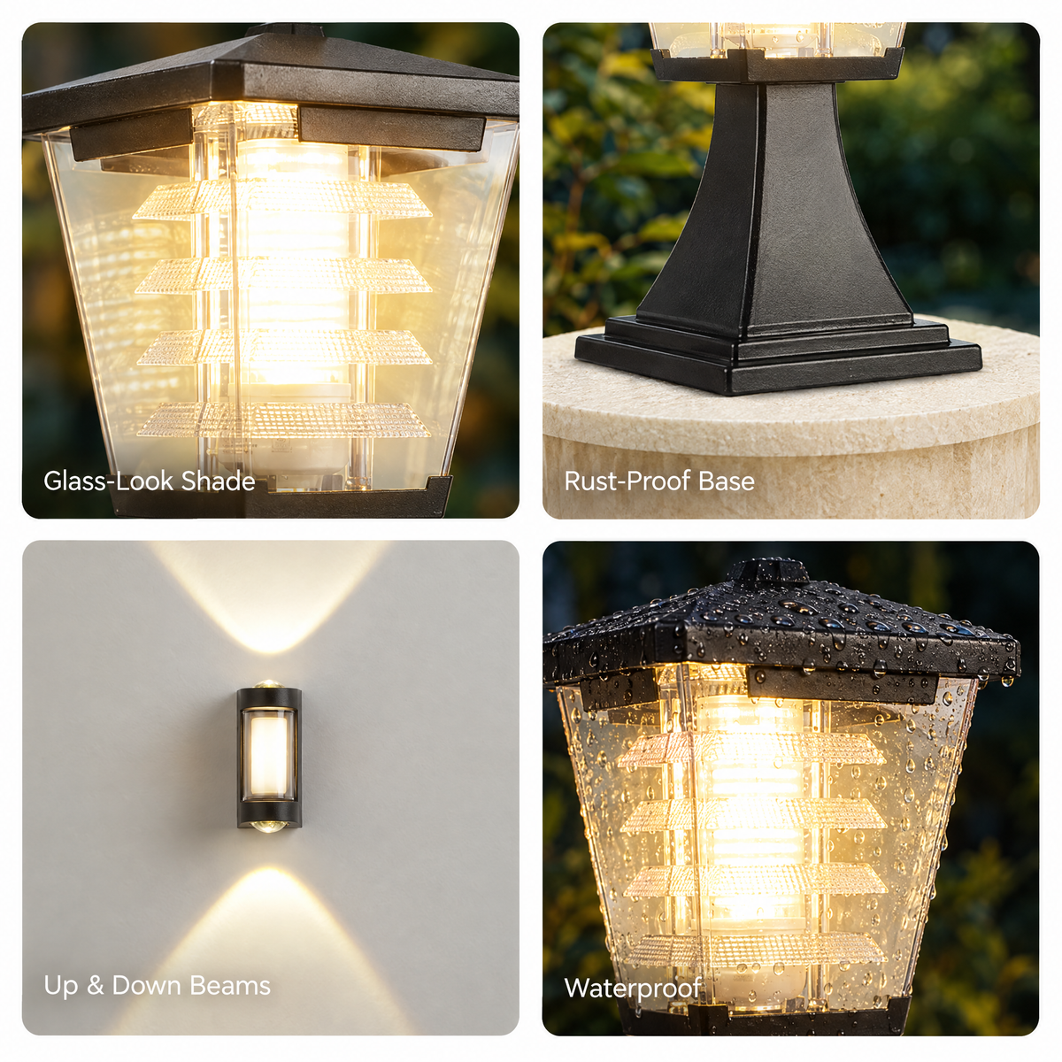 INVENTAA Decorative Gate Lighting Bundle – 2 Mini Glasis 12W Warm White Gate Lights + 2 Juno 4W Up-Down Wall Lights