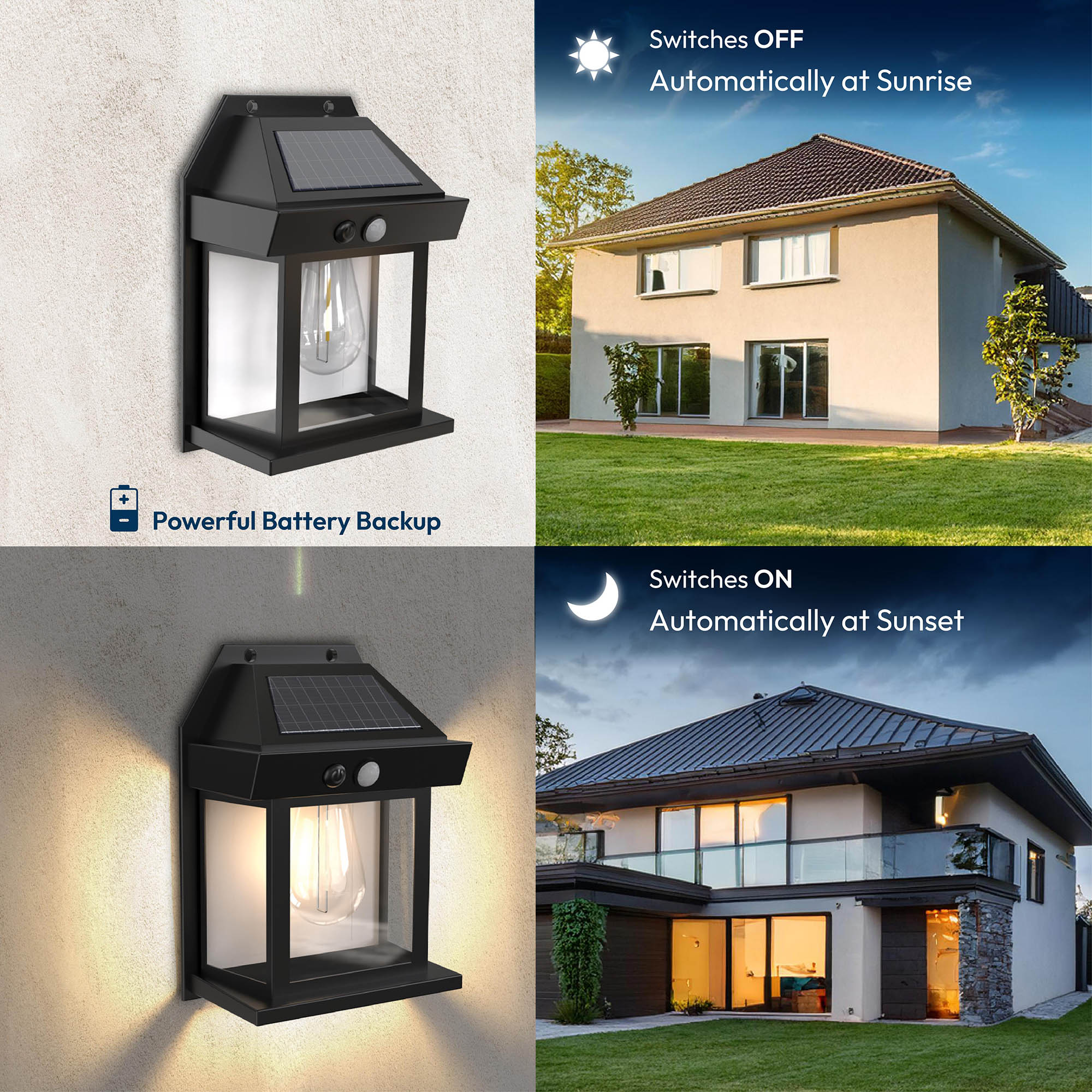 Solar-powered outdoor light with battery backup and automatic switching functionality, shown on a house exterior.
