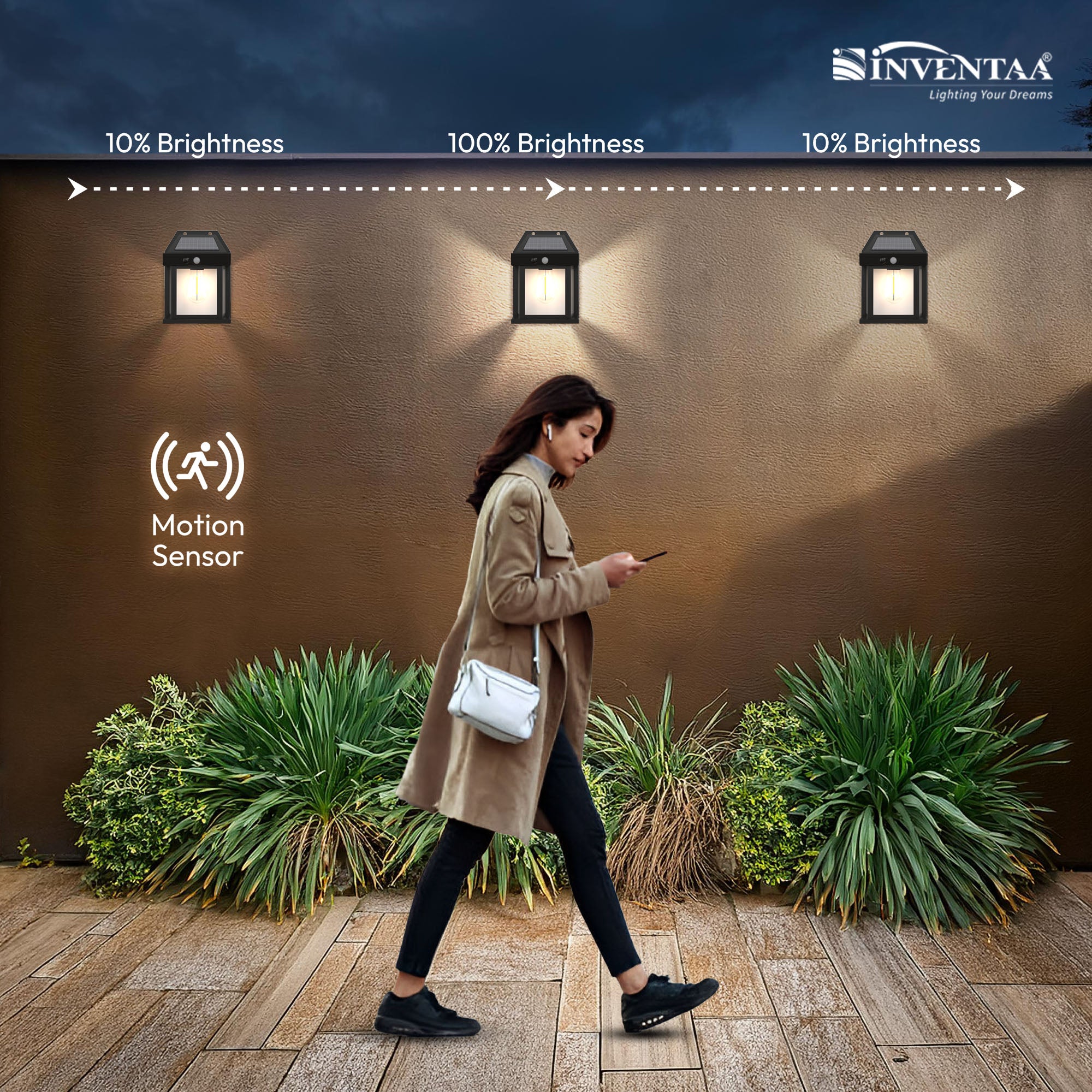 Wooden door with wall lights and plants on a beige wall, featuring the Inventaa brand.