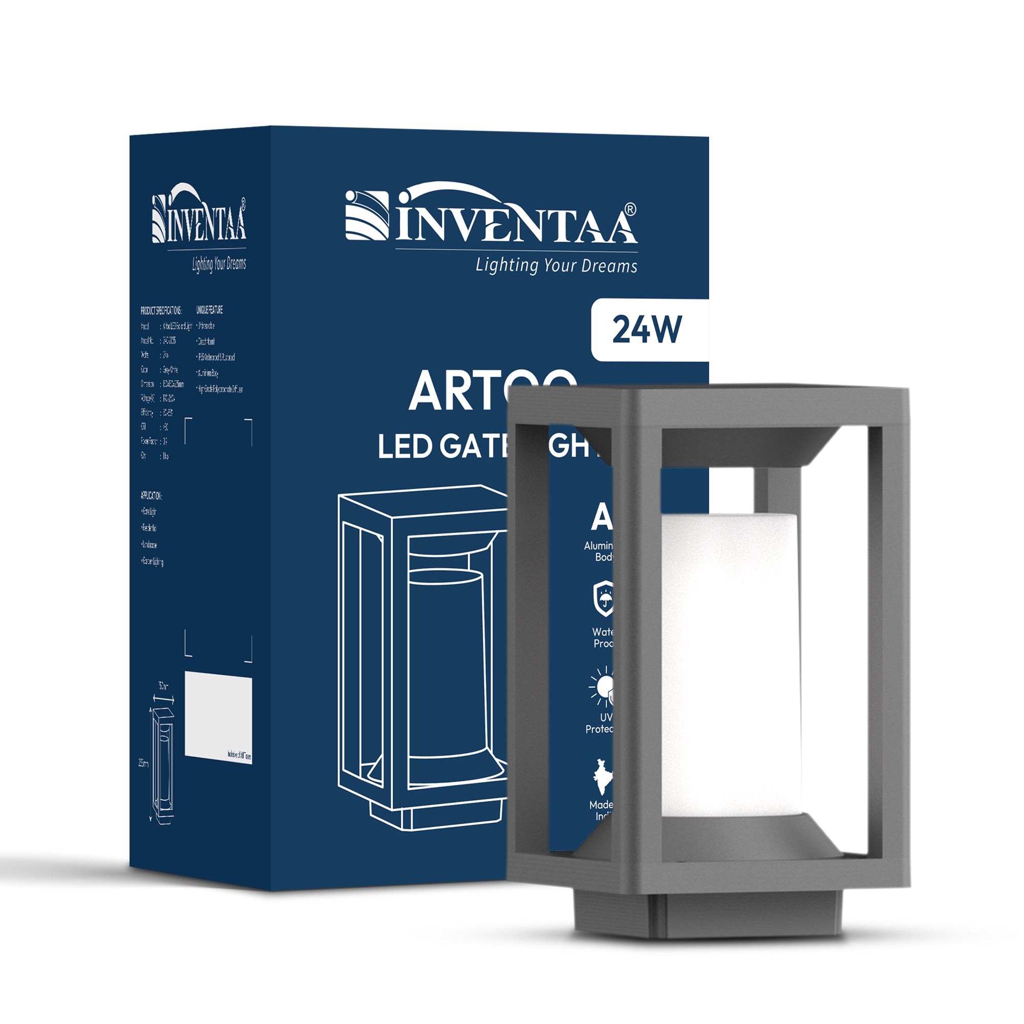 Inventaa LED garden light with packaging on a white background