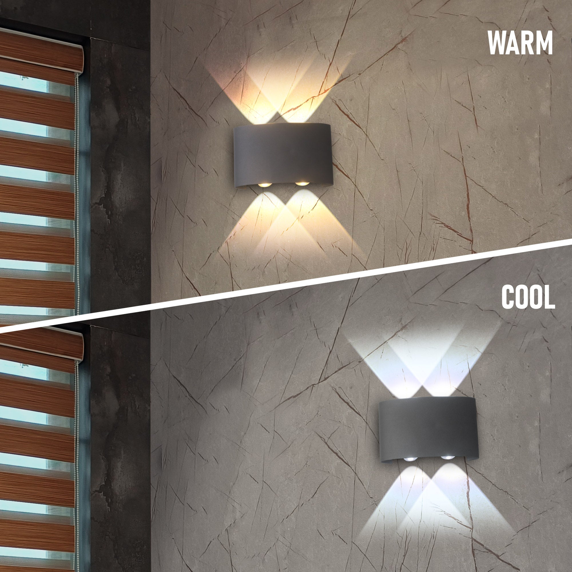 Cool and warm lighting comparison of Ezme 2 way up and down wall light #type_2 way