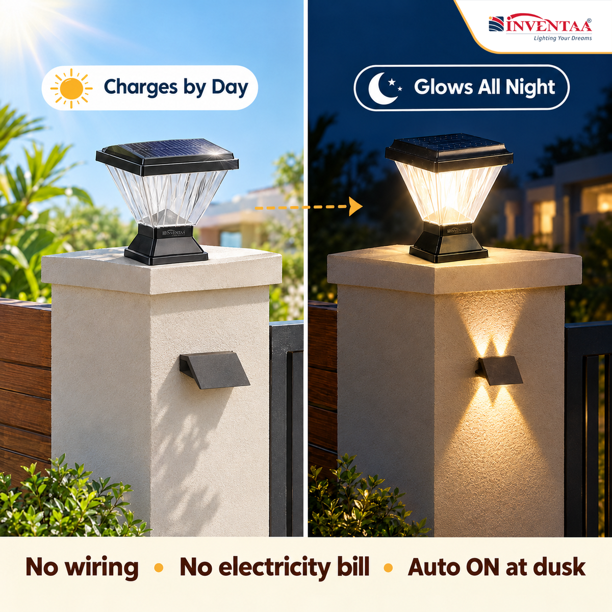 INVENTAA Premium Solar Gate Lighting Combo – 2 Chiti Solar Gate Lights + 2 Figo Solar Wall Lights