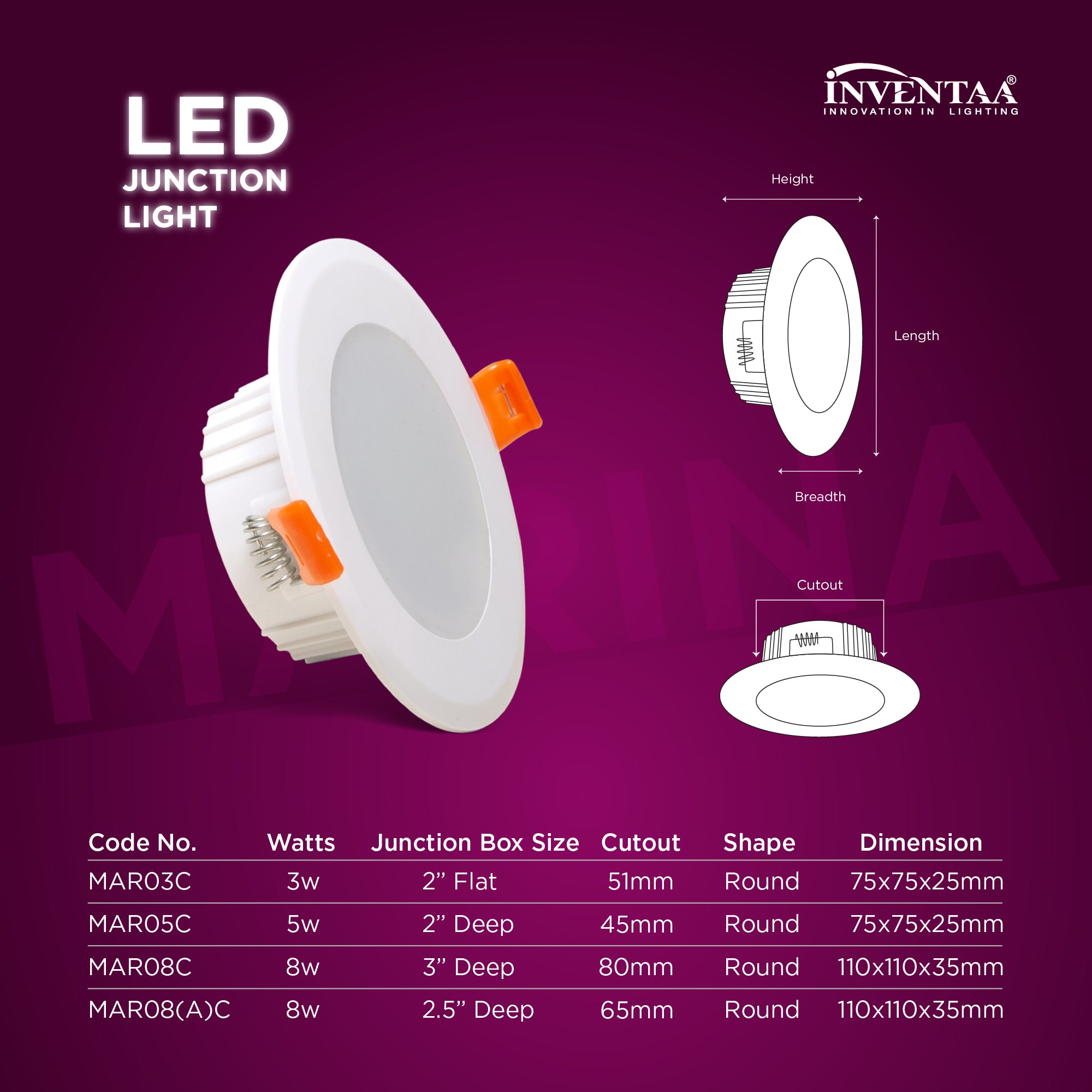 Dimension Of Marina 8W LED Junction Light #Suitable For_3 inch Deep Junction Box