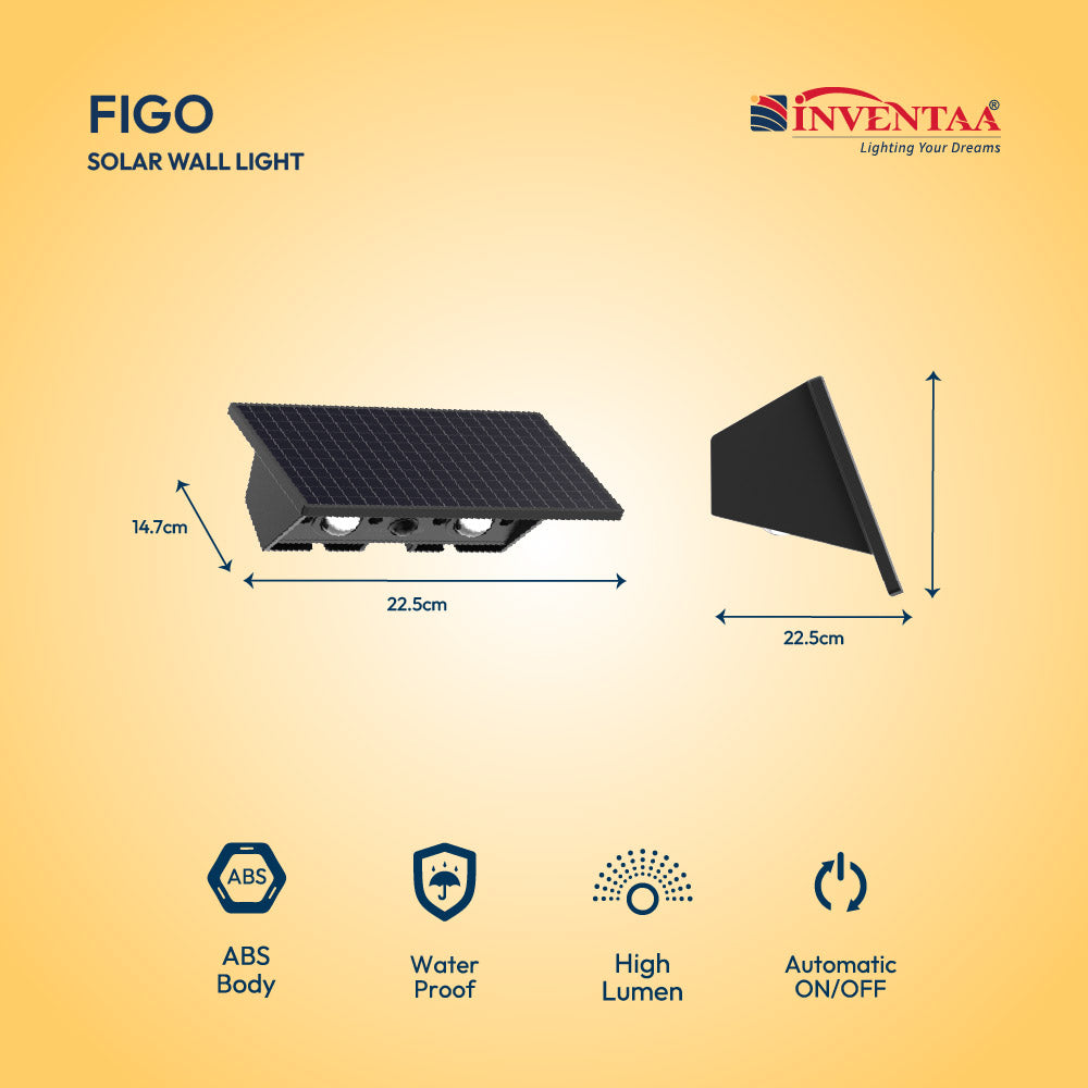 Inventaa Figo solar wall light with dimensions and features on a yellow background