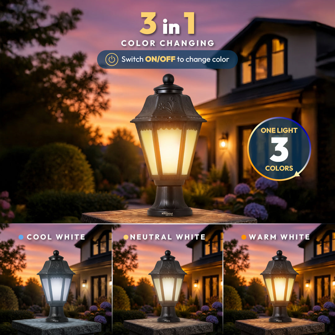 Tacita Modern  12W Outdoor Gate Pillar Light — 3-in-1 LED (Cool-Warm-Neutral)  Waterproof Post Top Wall Mount Light for Home Gate, Compound & Boundary Wall