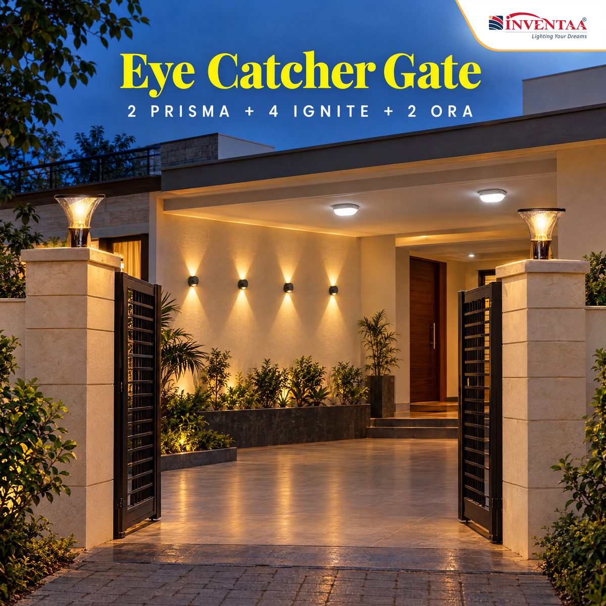 INVENTAA Eye Catcher Gate Bundle – 2 Prisma 3-in-1 Gate Lights + 4 Ignite 2-Way Wall Lights + 2 Ora 12W Bulkhead Lights