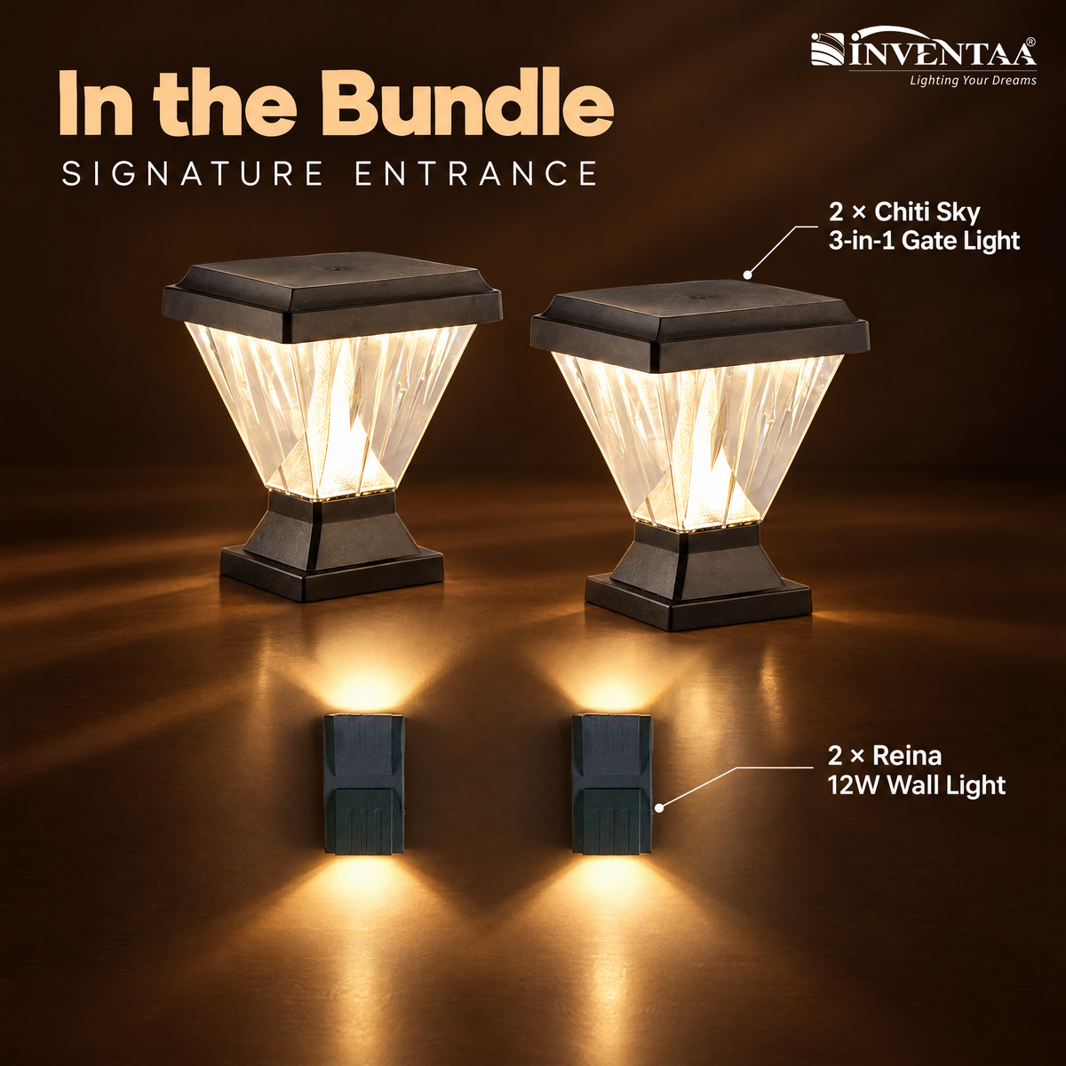 INVENTAA Signature Entrance Lighting Bundle – 2 Chiti Sky 12W 3-in-1 Gate Pillar Lights + 2 Reina 12W Up & Down Wall Lights