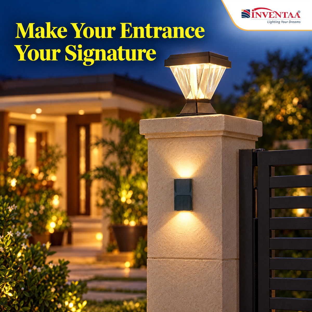 INVENTAA Signature Entrance Lighting Bundle – 2 Chiti Sky 12W 3-in-1 Gate Pillar Lights + 2 Reina 12W Up & Down Wall Lights