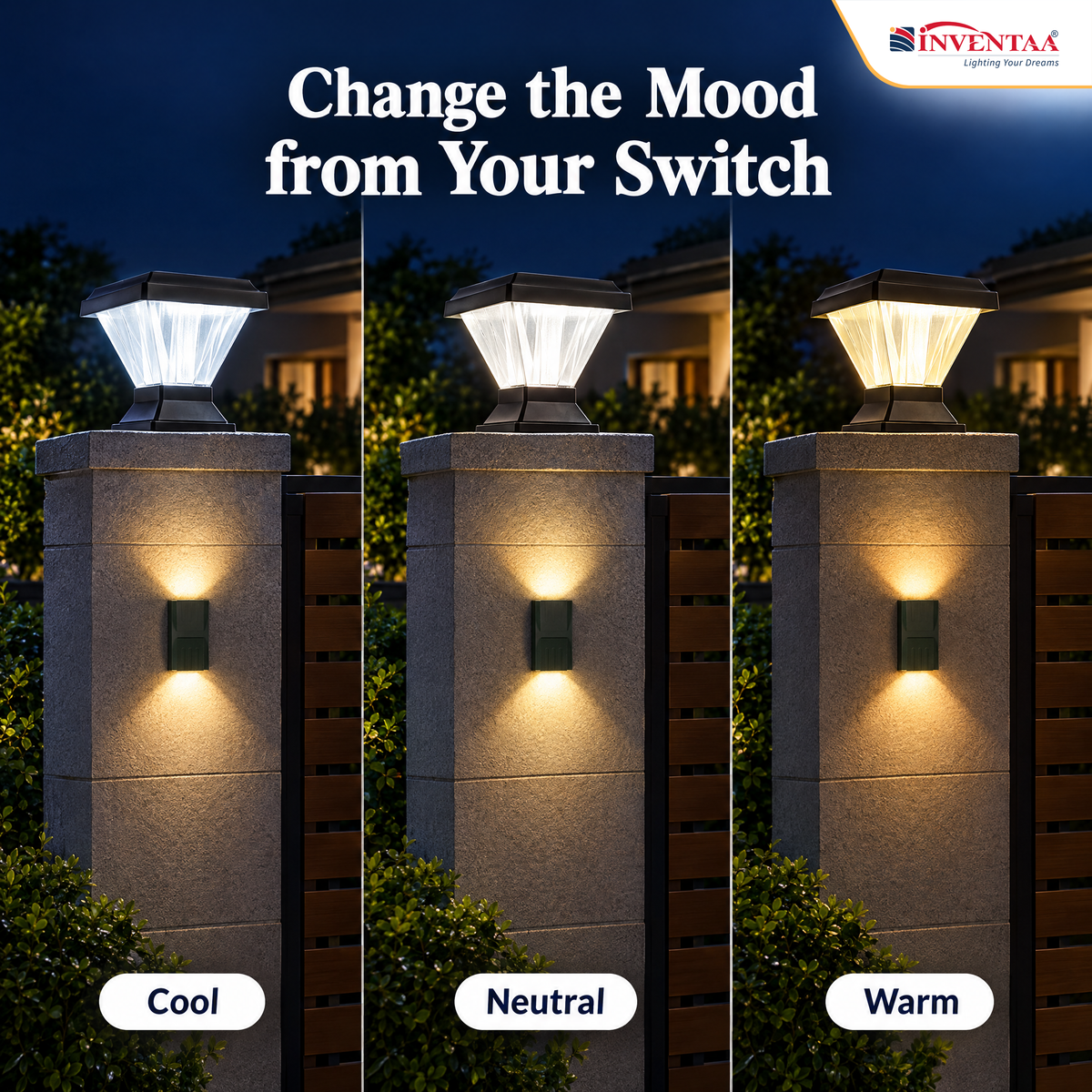 INVENTAA Signature Entrance Lighting Bundle – 2 Chiti Sky 12W 3-in-1 Gate Pillar Lights + 2 Reina 12W Up & Down Wall Lights
