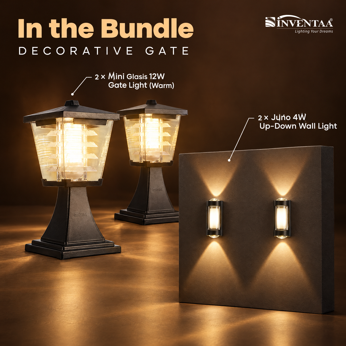 INVENTAA Decorative Gate Lighting Bundle – 2 Mini Glasis 12W Warm White Gate Lights + 2 Juno 4W Up-Down Wall Lights